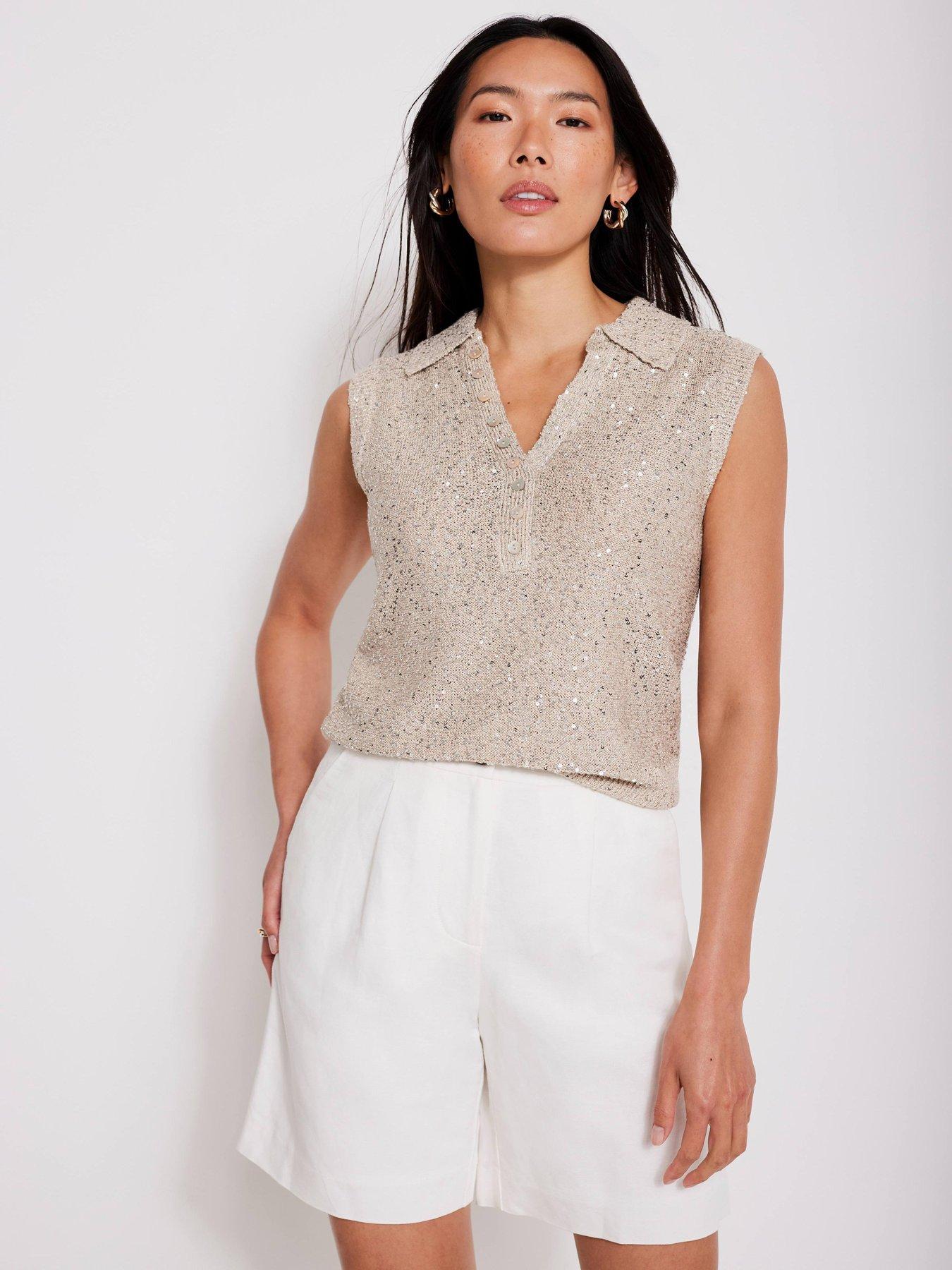  image of mint-velvet-neutral-sequin-polo-top-cream