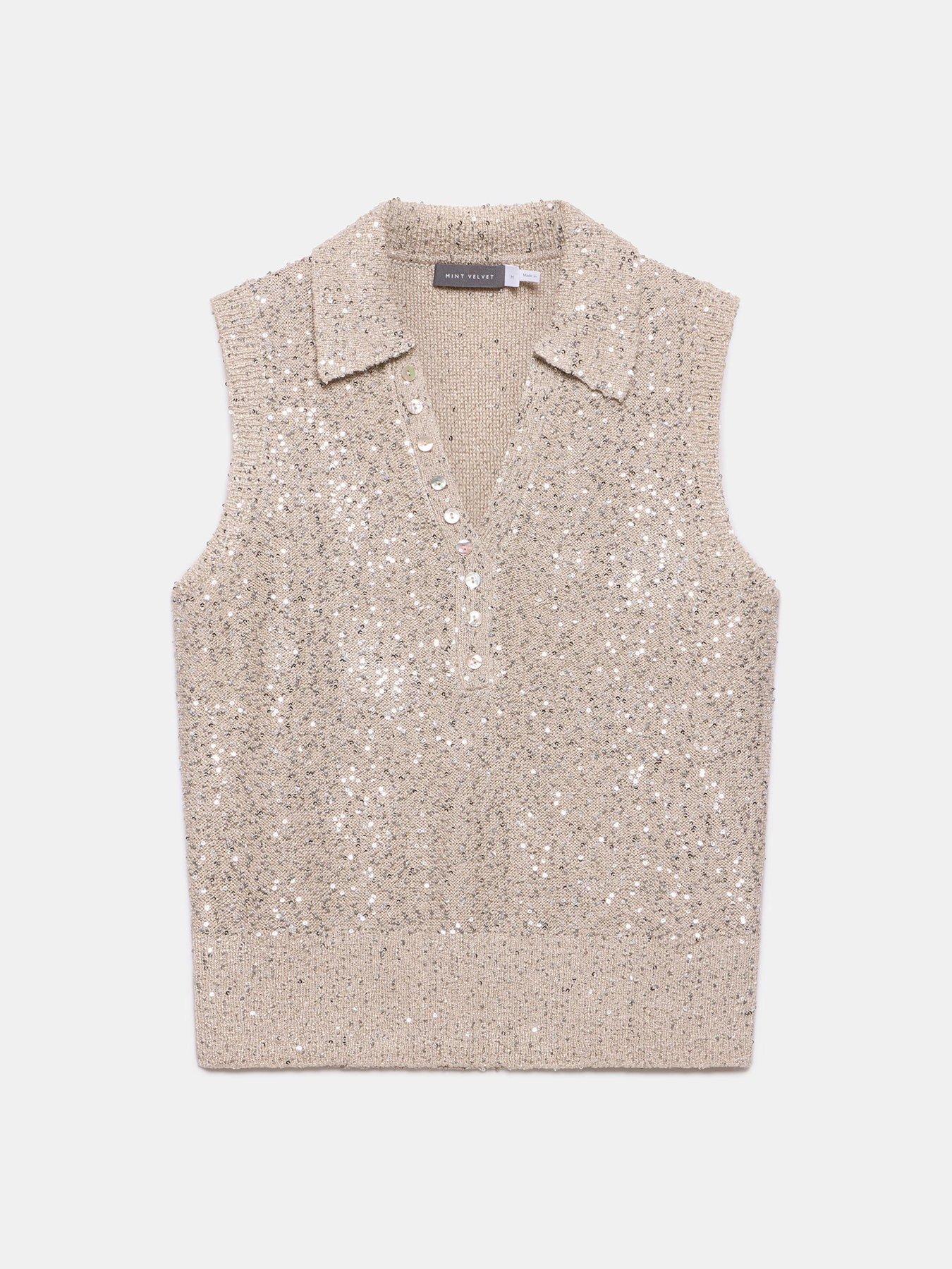  image of mint-velvet-neutral-sequin-polo-top-cream