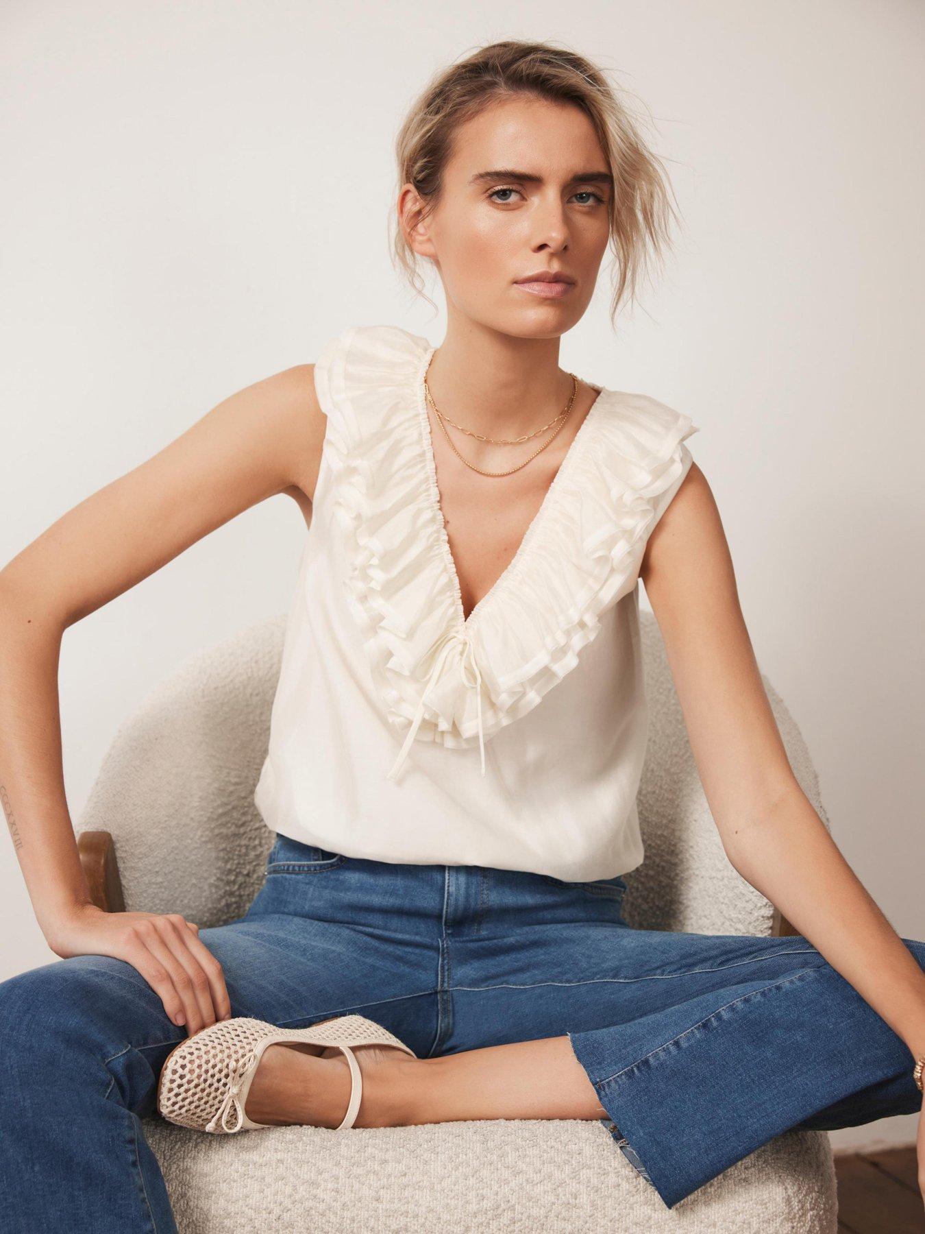undefined Cream Ruffle Front Top - White