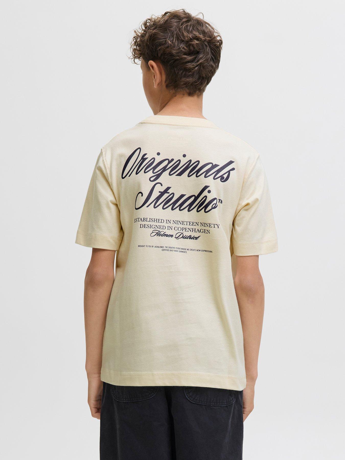 front image of jack-jones-junior-boys-typo-back-print-short-sleeve-t-shirt-light-cream