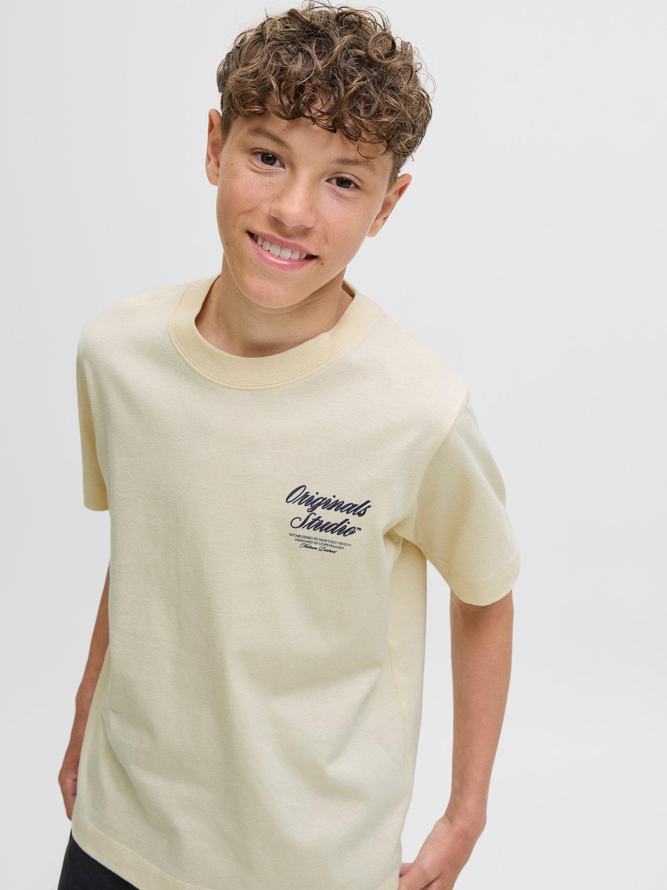 stillFront image of jack-jones-junior-boys-typo-back-print-short-sleeve-t-shirt-light-cream