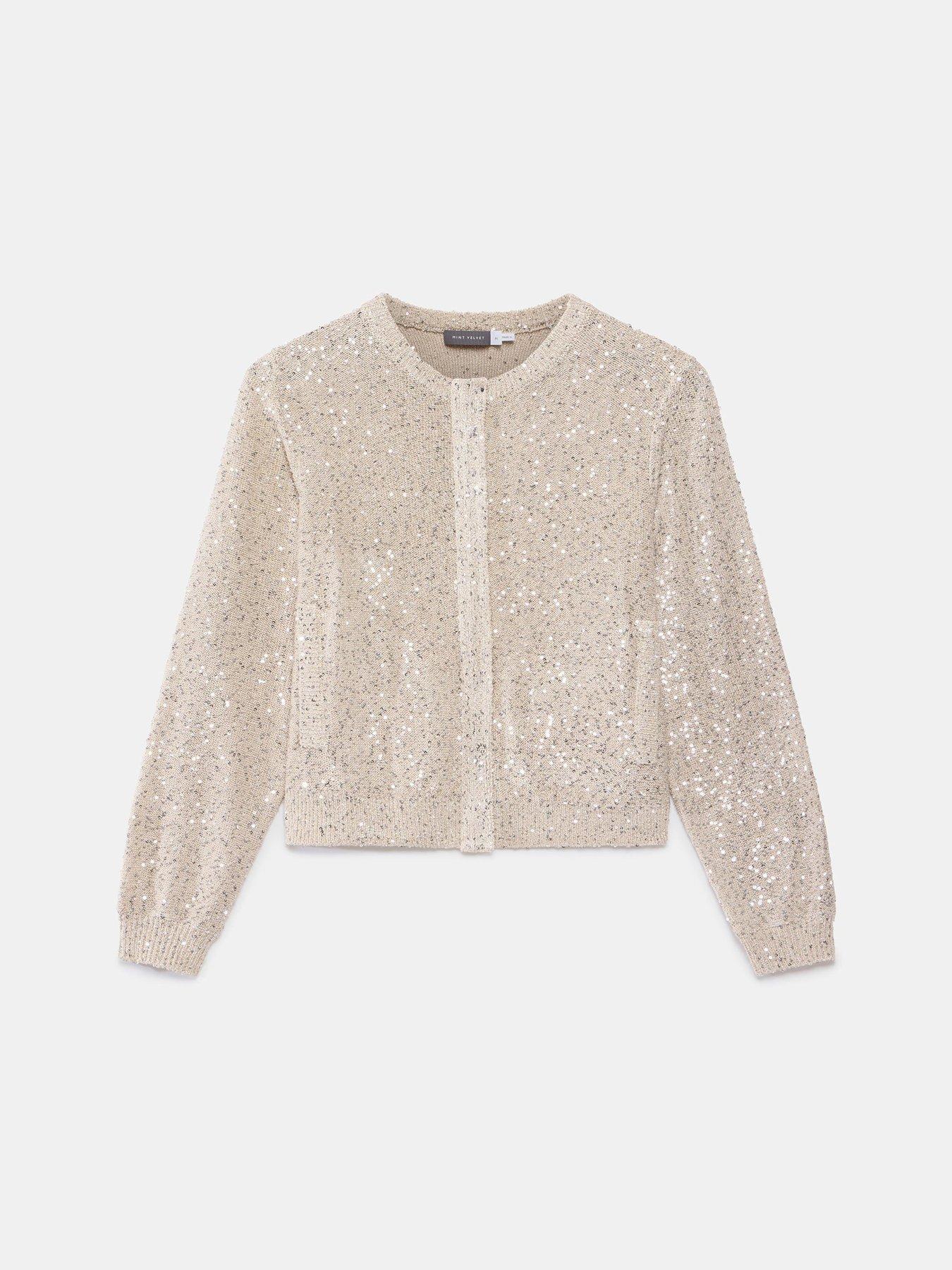  image of mint-velvet-neutral-sequin-knit-jacket