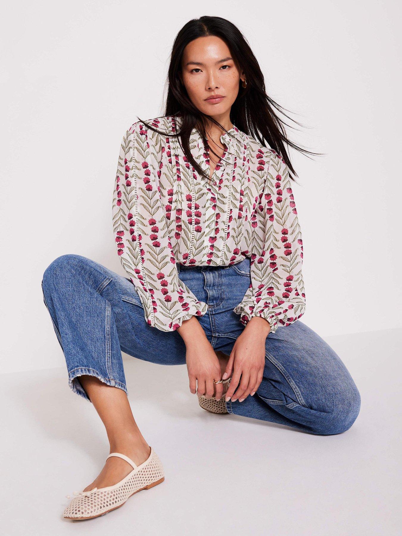 Image 1 of 6 of Mint Velvet Floral Print Boho Blouse - Cream