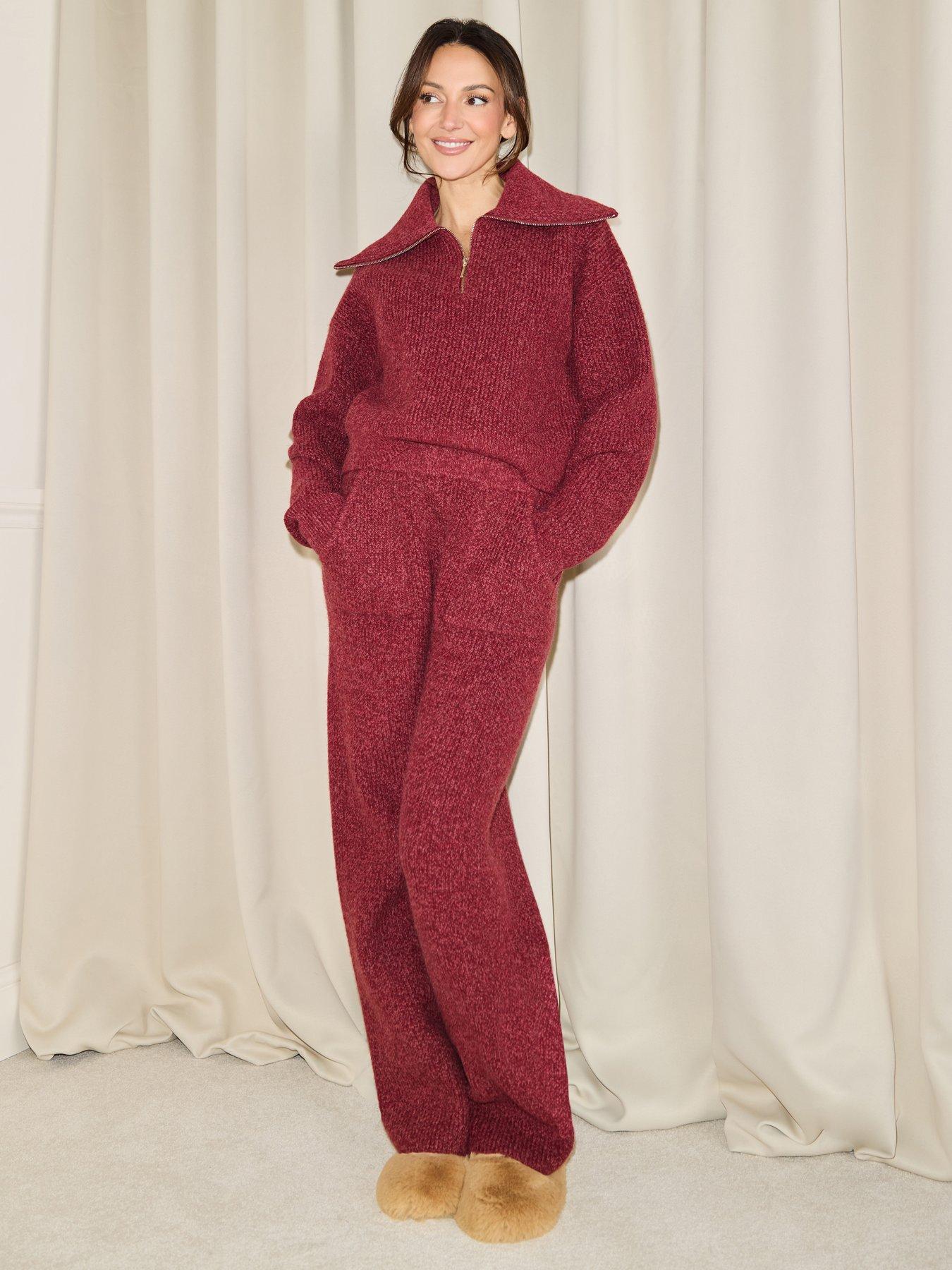 Michelle Keegan Premium Chunky Twist Yarn Half Zip Co Ord - Red