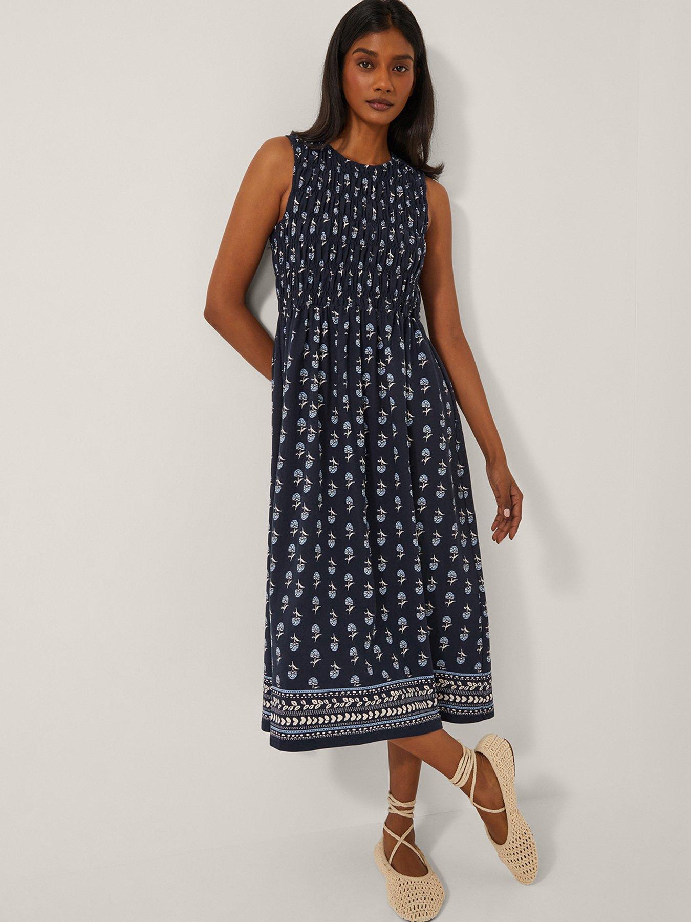 undefined Deniz Geo Shirred Dress - Navy