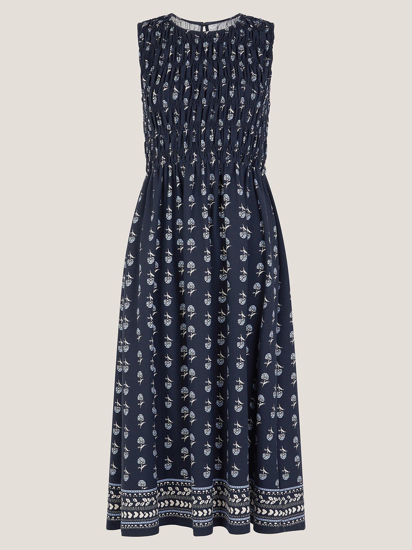 Image 3 of 5 of Monsoon Deniz Geo Shirred Dress - Navy
