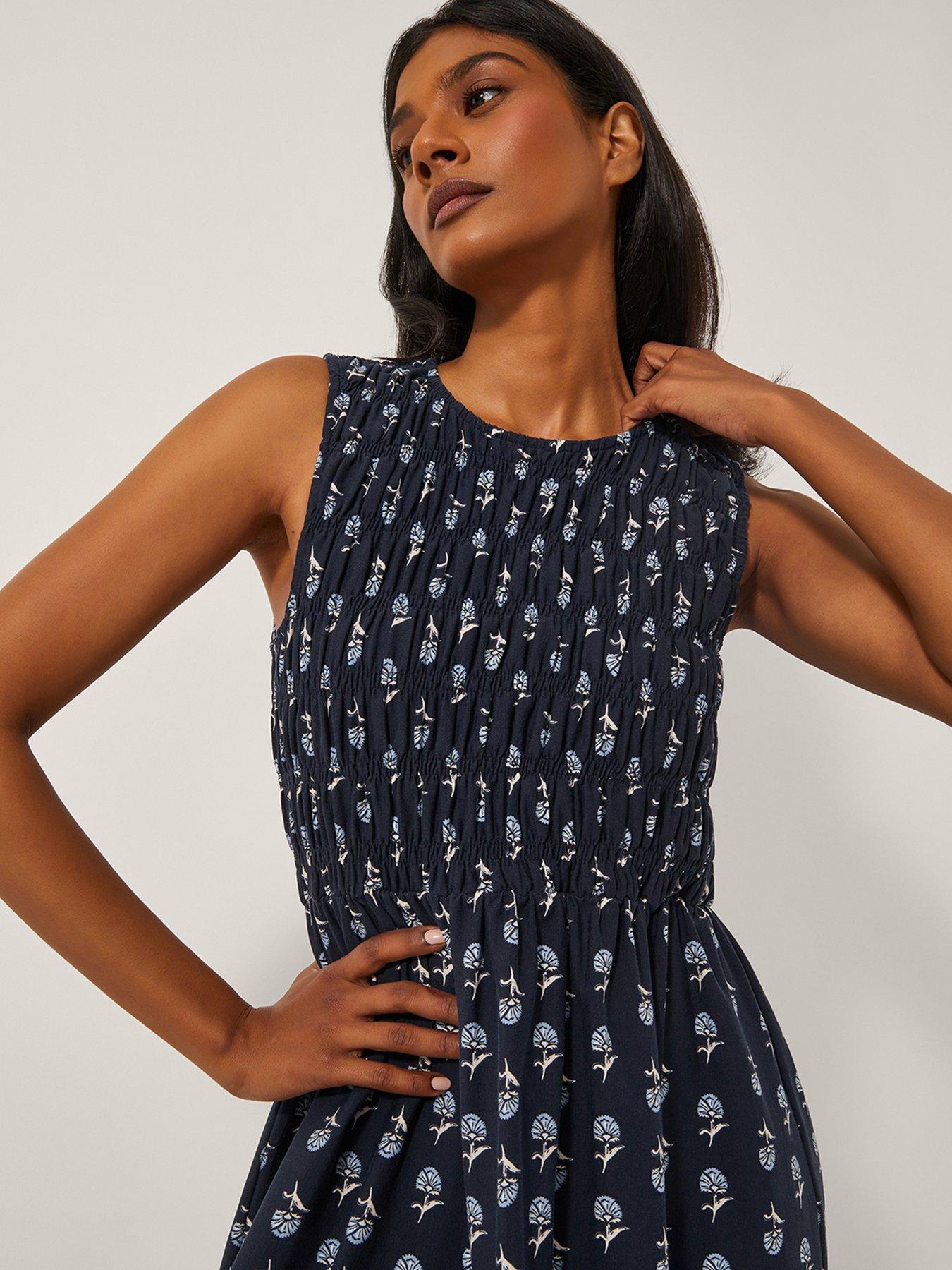 Image 4 of 5 of Monsoon Deniz Geo Shirred Dress - Navy