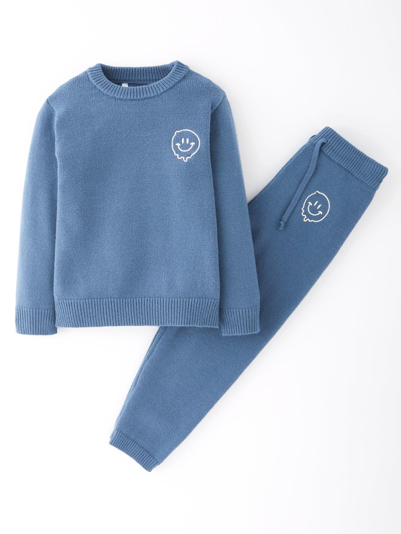 Mini V by Very Boys Knitted Smiley Detail Jumper And Straight Leg Jogger Set - Navy