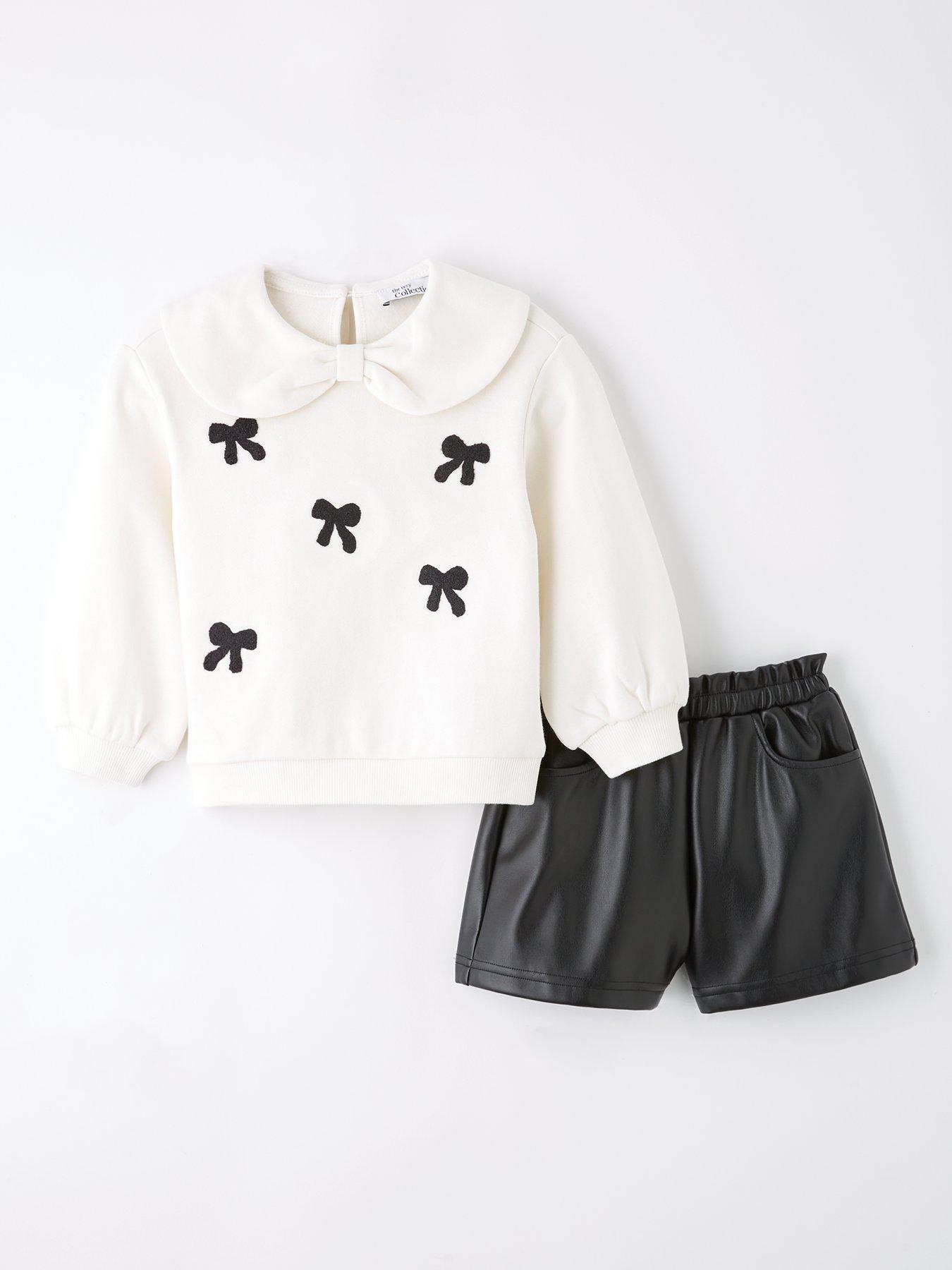 undefined Girls Set - Collared Jumper With Embroidered Bows And PU Shorts - Black/Cream