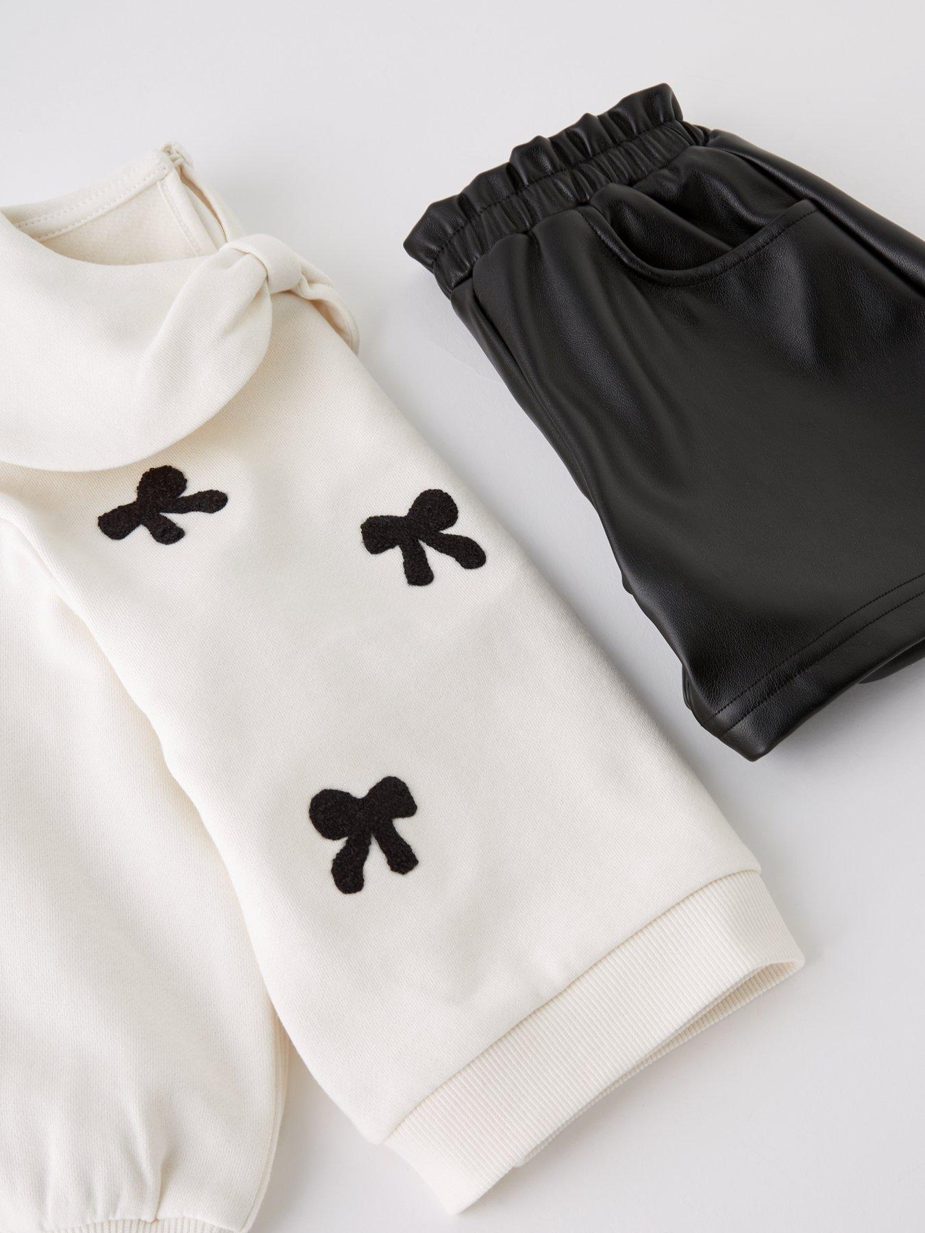 Image 4 of 4 of The Very Collection Girls Set - Collared Jumper With Embroidered Bows And PU Shorts - Black/Cream