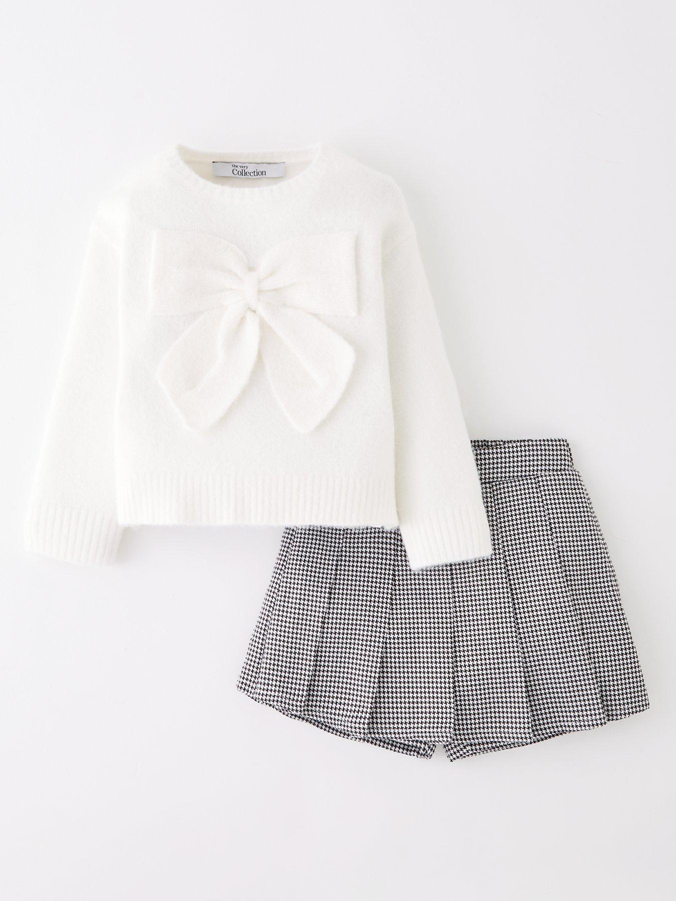 undefined Girls Check Skort With Knitted Jumper - Cream