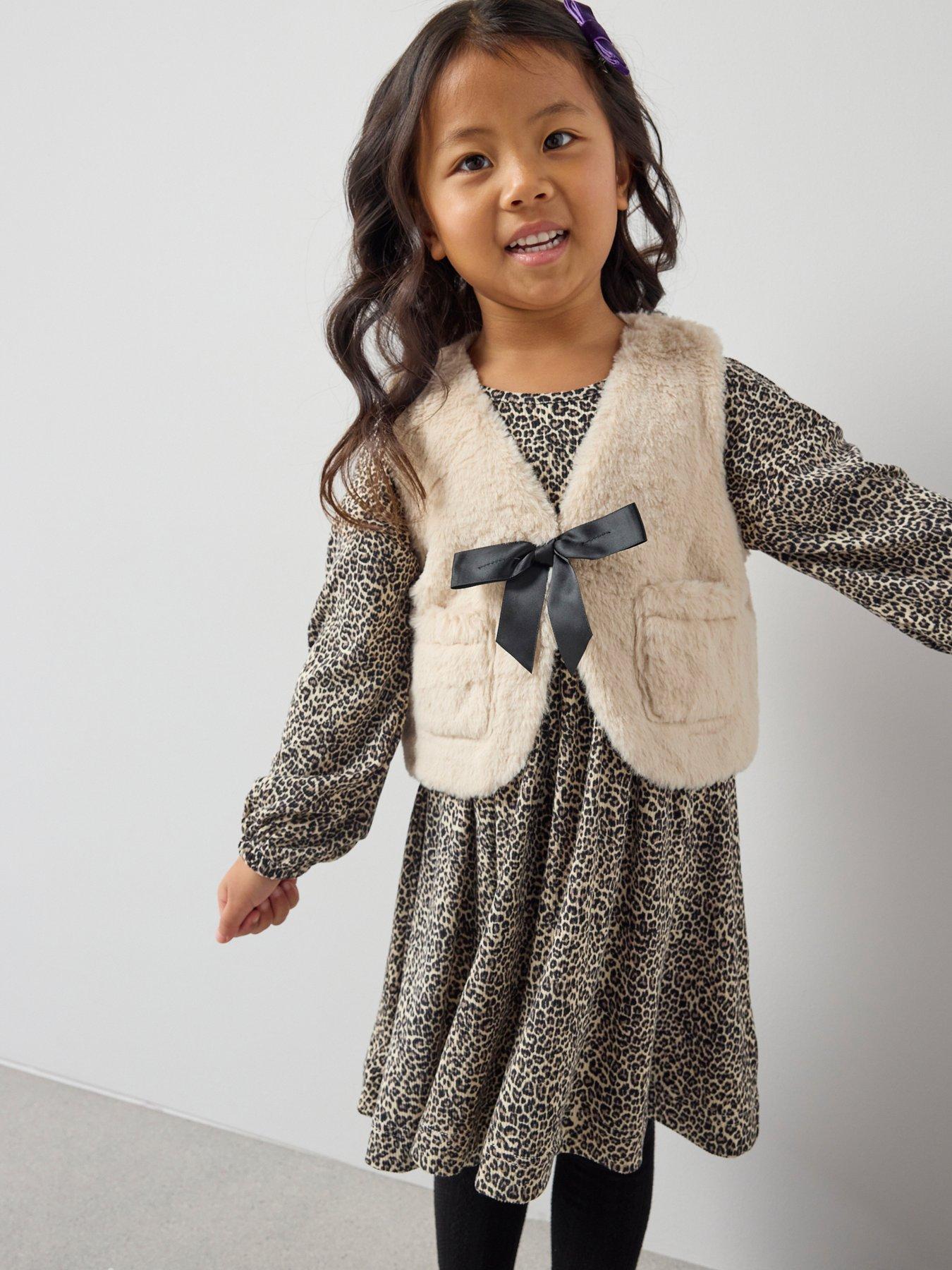  image of the-very-collection-girls-jersey-animal-printed-dress-with-faux-fur-gilet-print