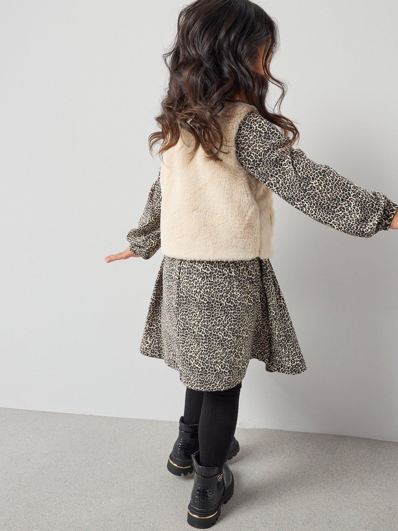  image of the-very-collection-girls-jersey-animal-printed-dress-with-faux-fur-gilet-print