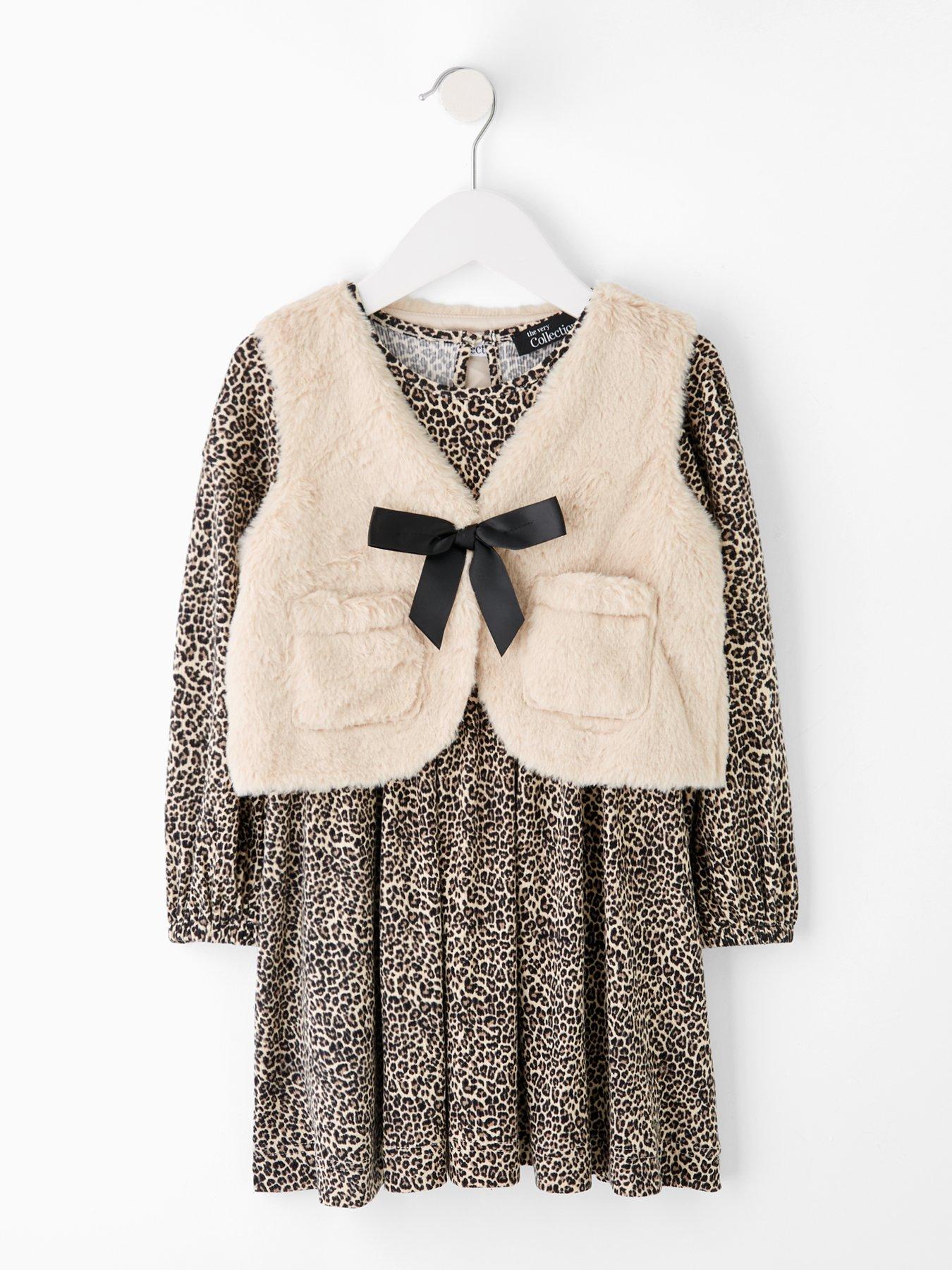 The Very Collection Girls Jersey Animal Printed Dress With Faux Fur Gilet - Print