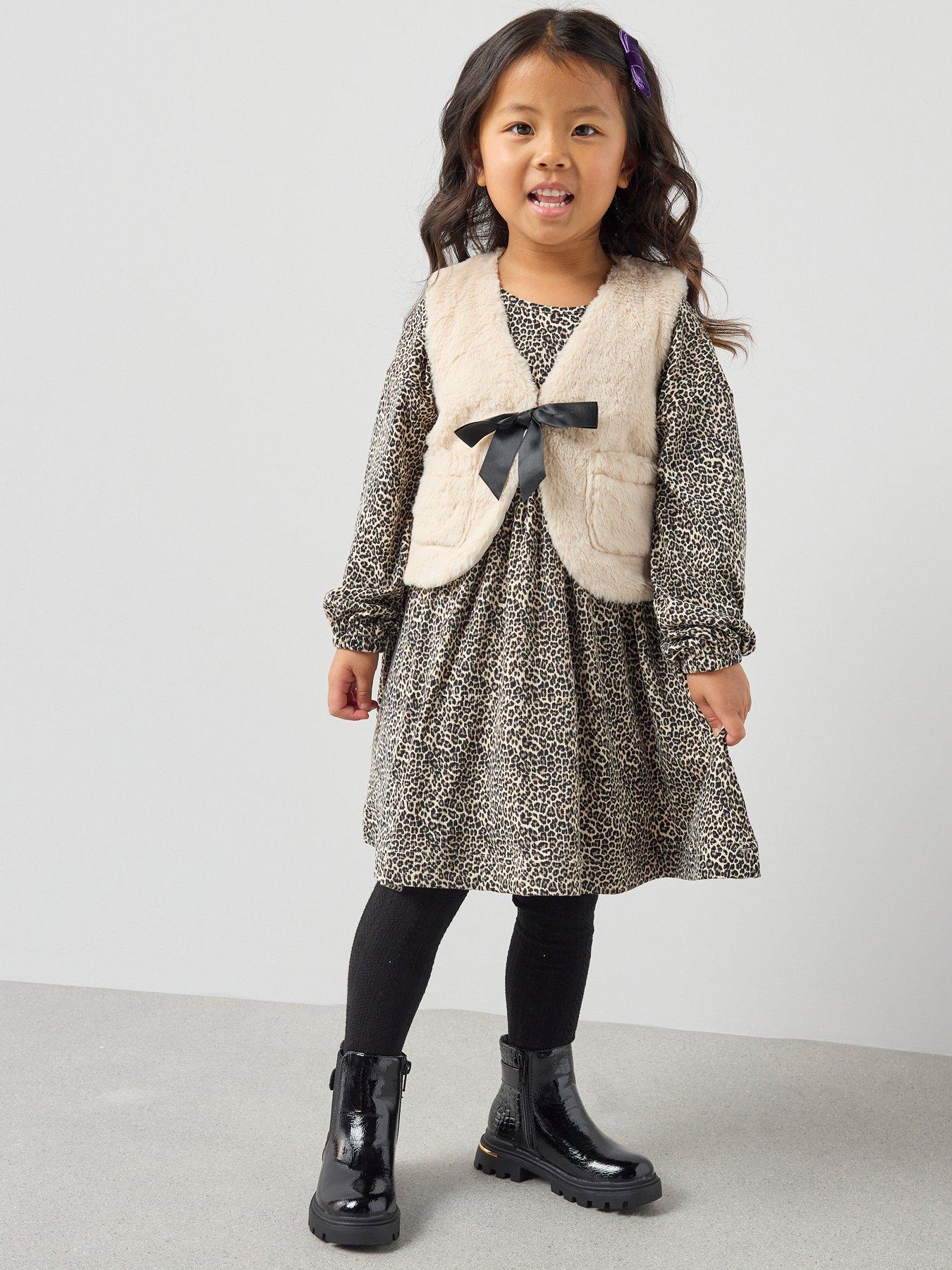  image of the-very-collection-girls-jersey-animal-printed-dress-with-faux-fur-gilet-print