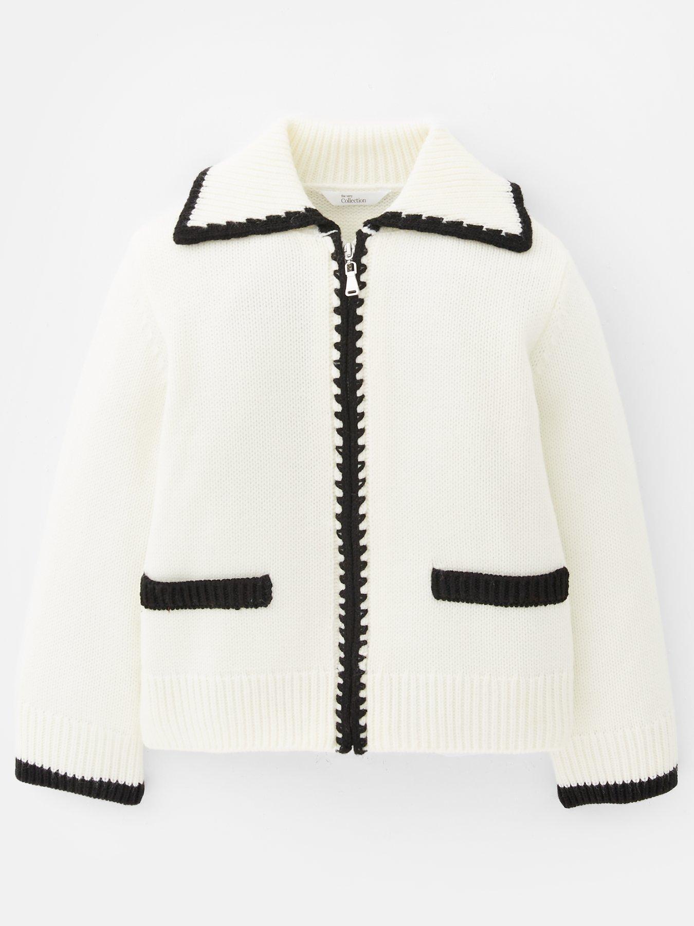 The Very Collection Girls Contrast Stitch Zip Up Cardigan - Cream