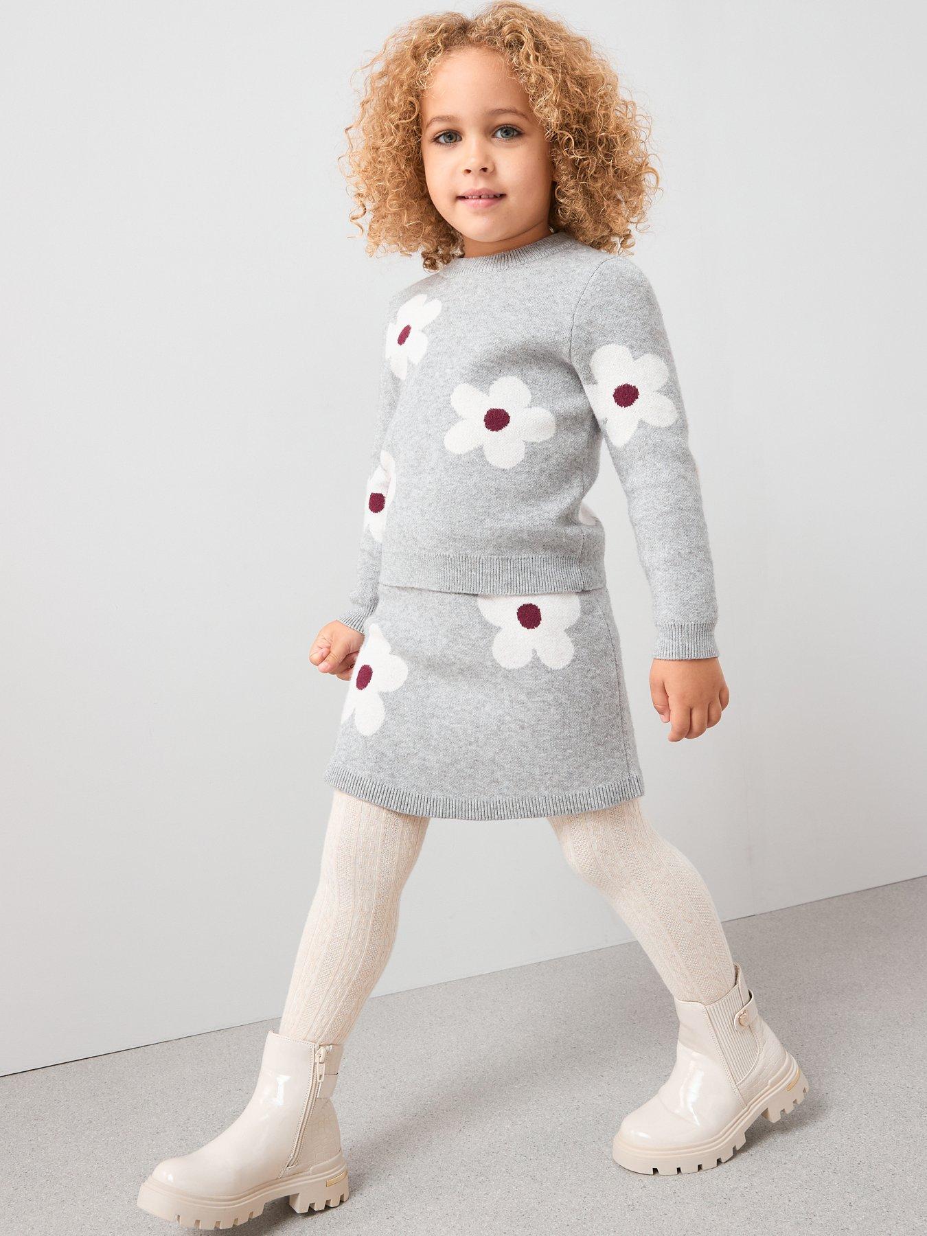 Mini V by Very Girls 2 Piece Printed Floral Knitted Jumper and Skirt Set - Grey