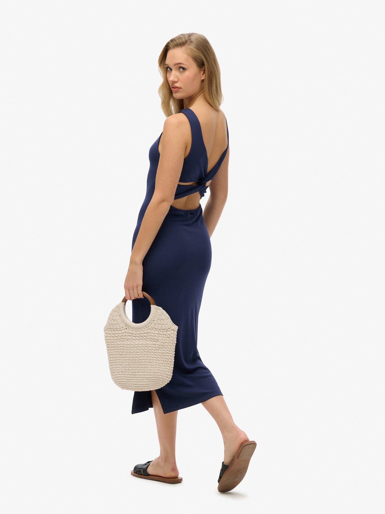 image of superdry-jersey-twist-back-midi-dress-blue