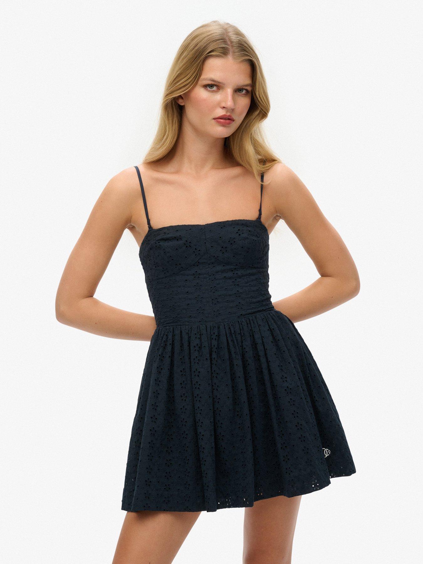 front image of superdry-broderie-cami-mini-dress-blue