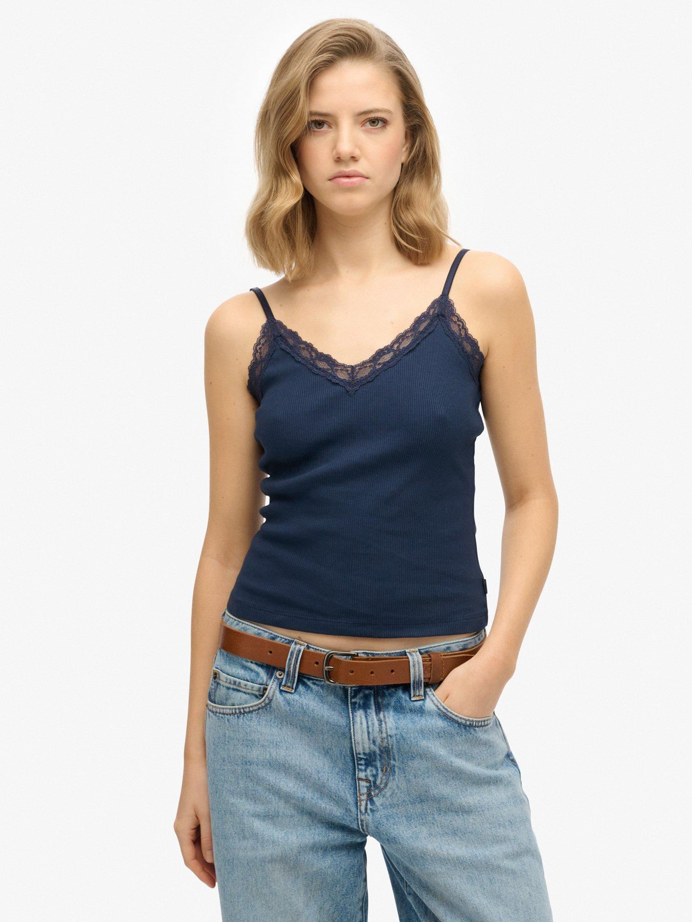  image of superdry-essential-lace-trim-cami-top-blue