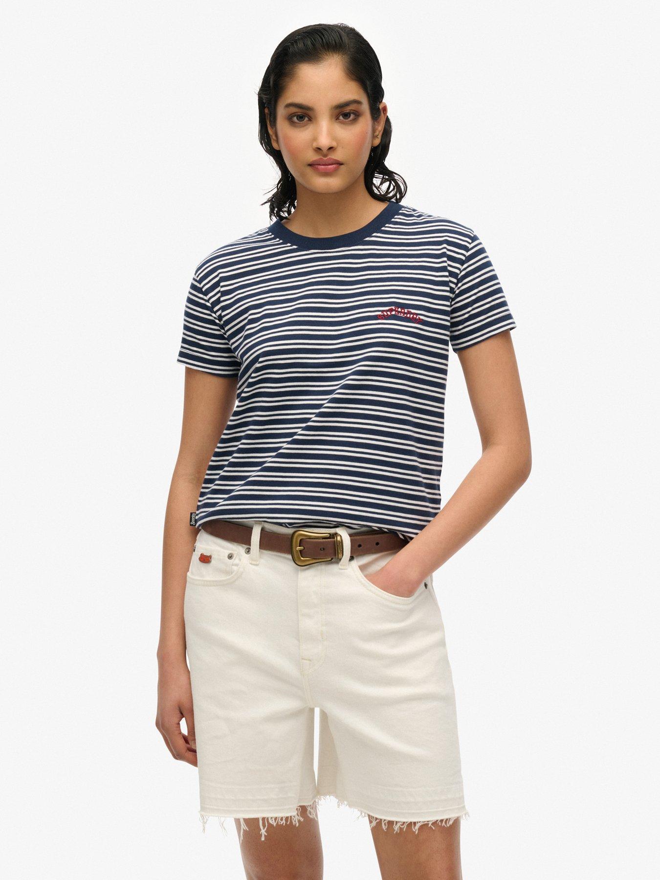 front image of superdry-essential-logo-striped-fitted-t-shirt-blue