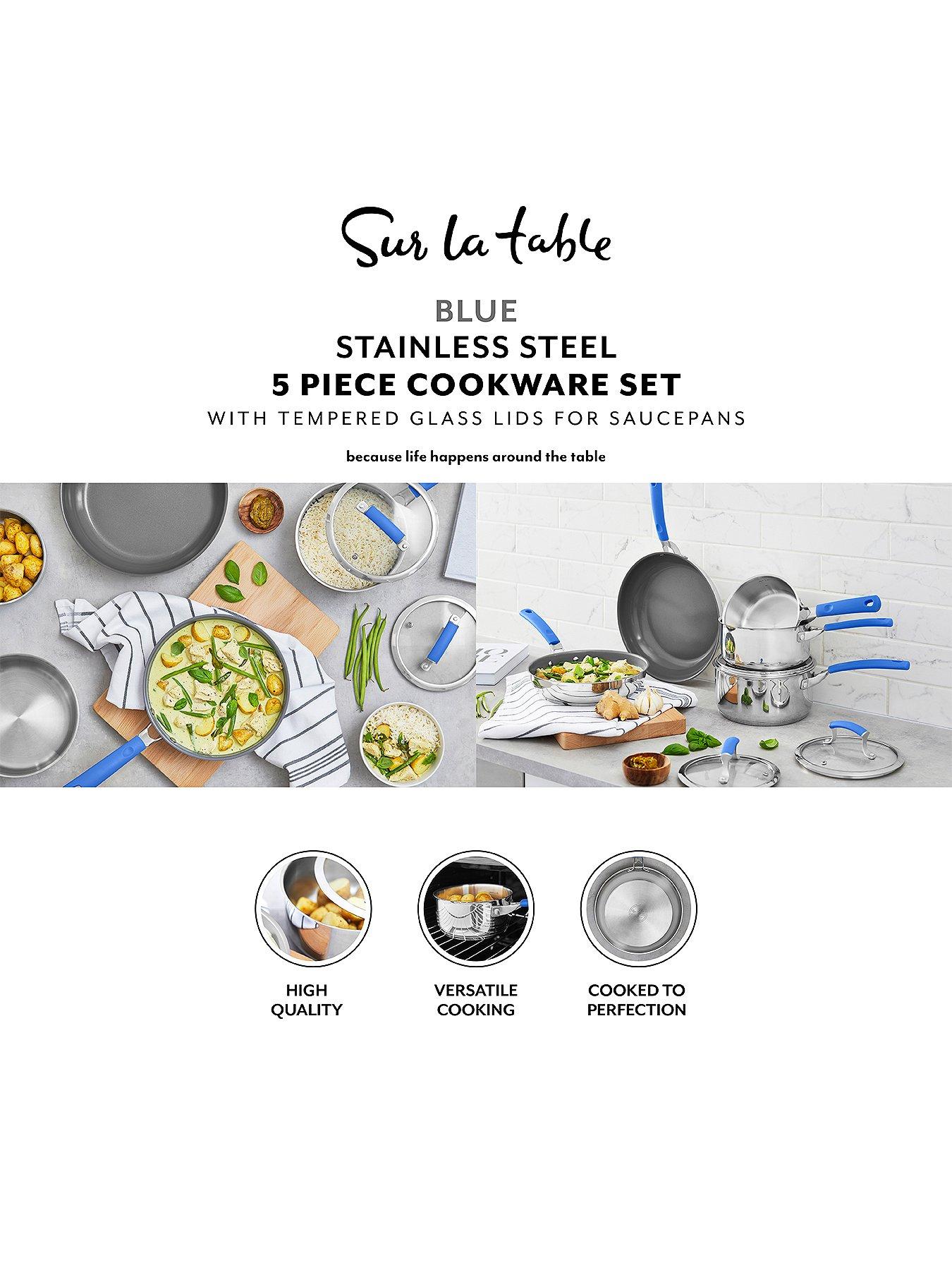  image of sur-la-table-5-piece-stainless-steel-cookware-set-ndash-blue-silicone-handles