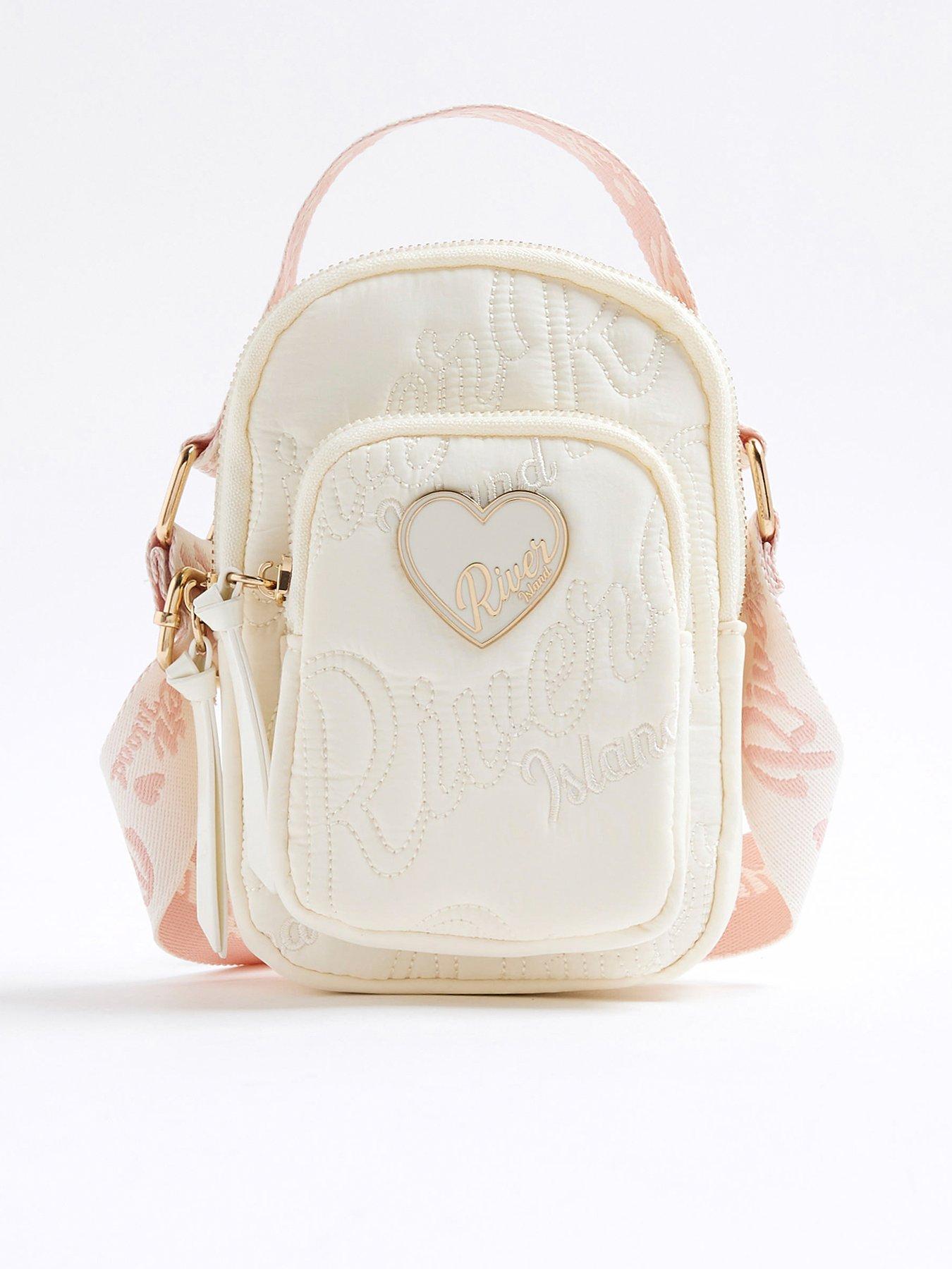 undefined Older Girls Nylon Script Heart Cross Body Bag - Cream