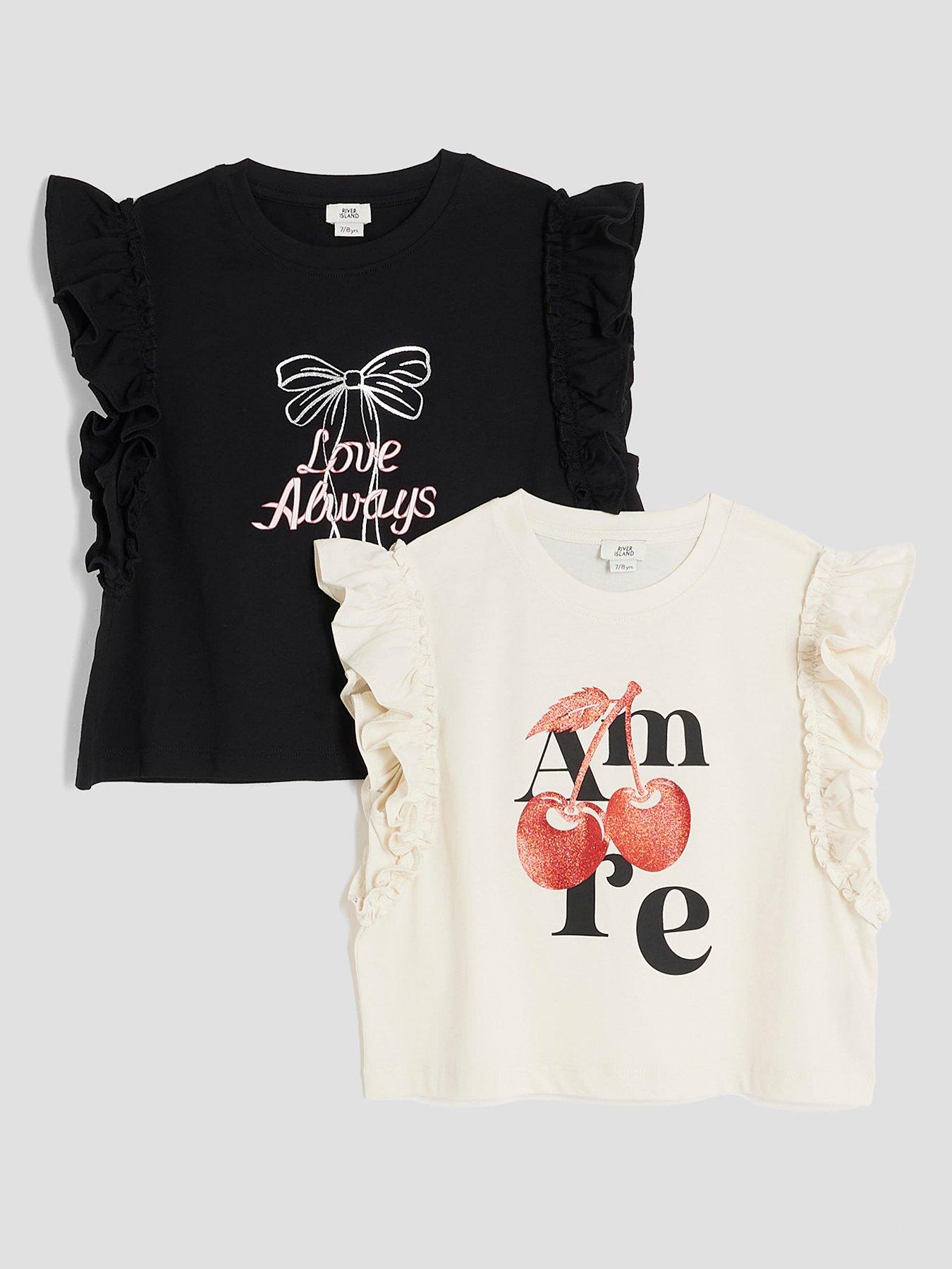 undefined Older Girls 2 Pack Frill T-Shirts - Cream