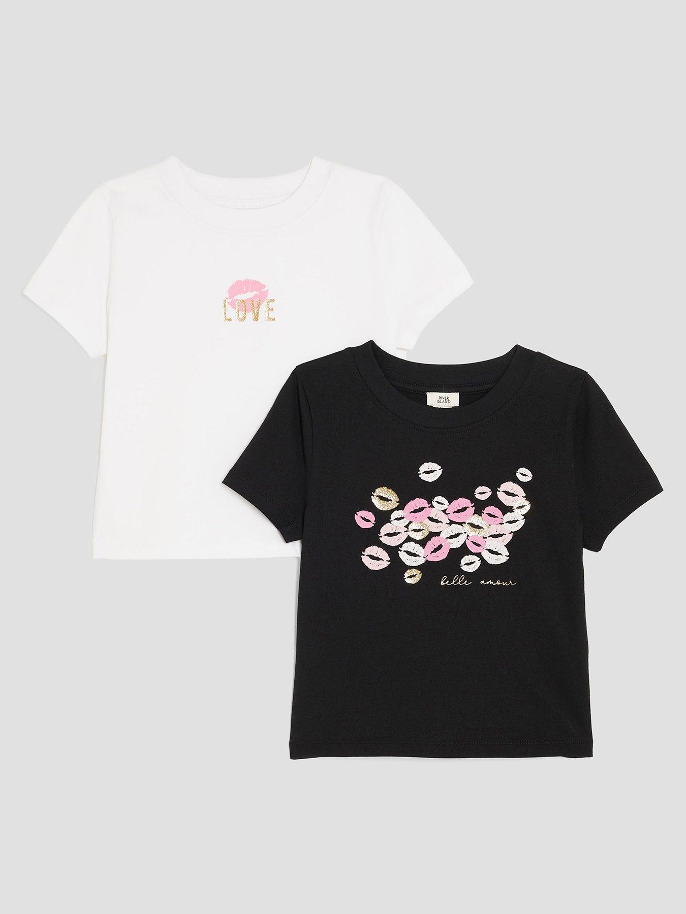 River Island Older Girls 2 Pack Lips Baby T-Shirts - Black