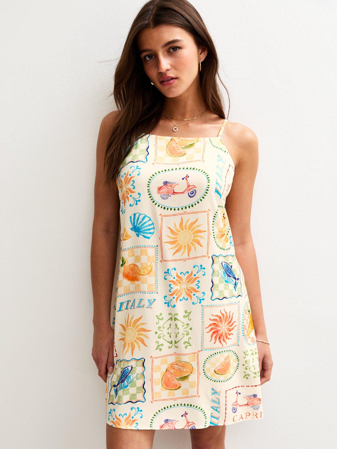 undefined Cream Italy Print Mini Shift Dress