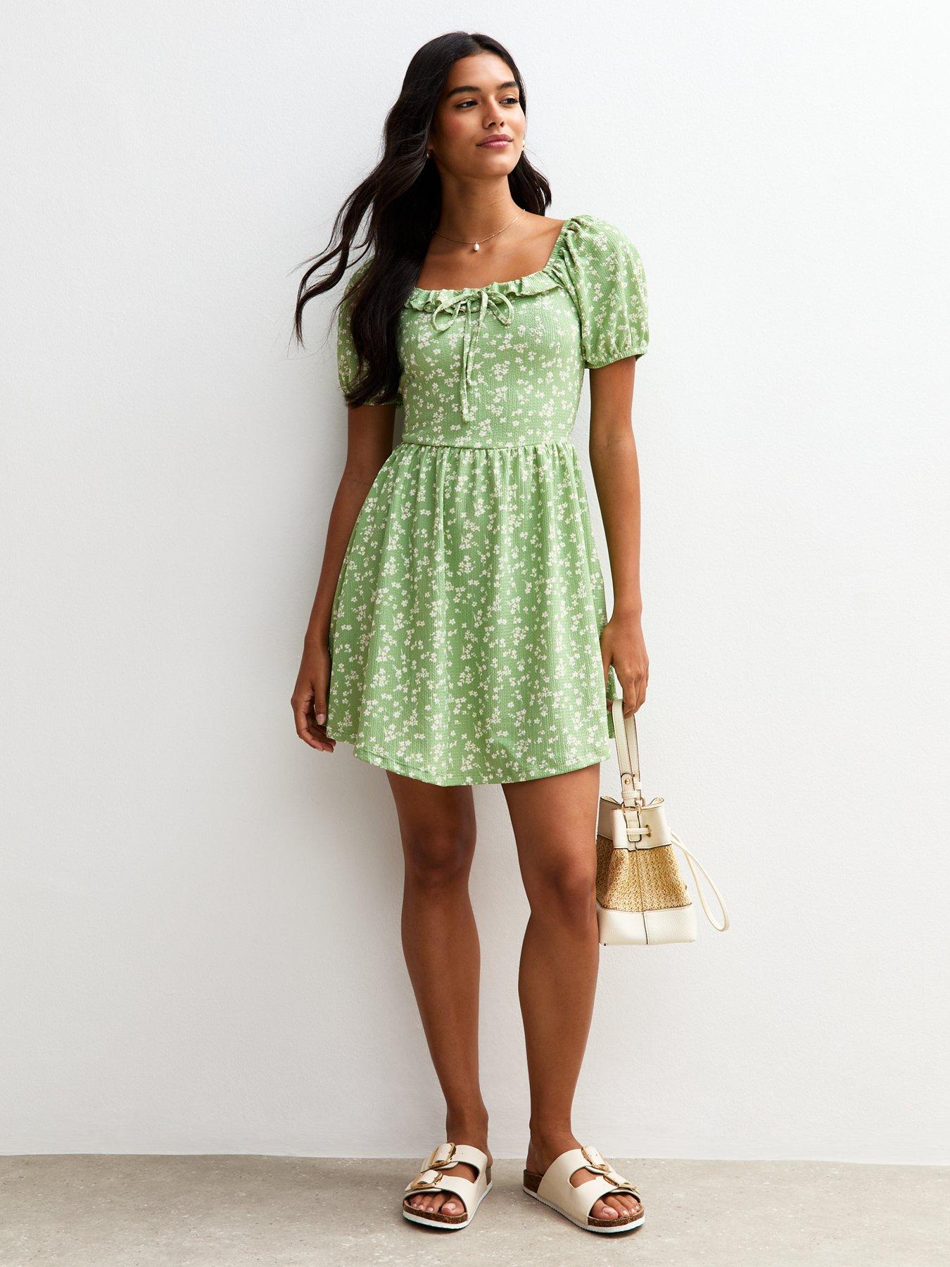 undefined Green Ditsy Print Jersey Milkmaid Mini Dress