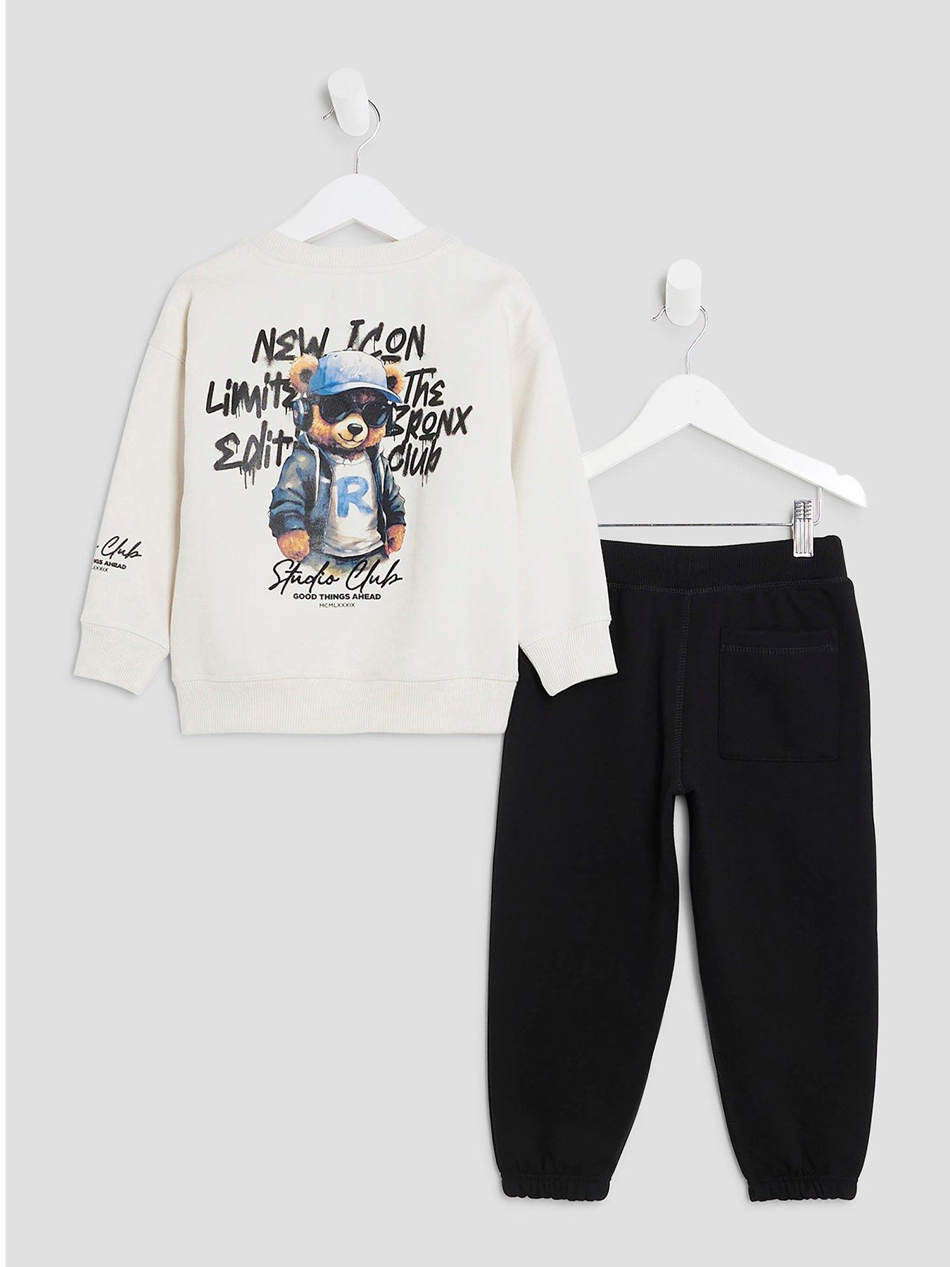 Image 1 of 5 of River Island Mini Boys Graffiti Bear Sweatshirt Set - Cream