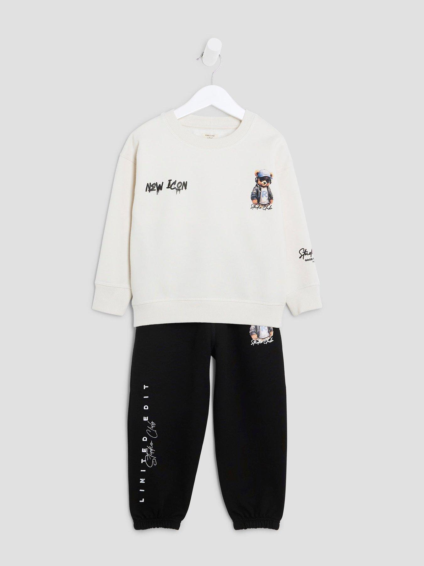 Image 2 of 5 of River Island Mini Boys Graffiti Bear Sweatshirt Set - Cream