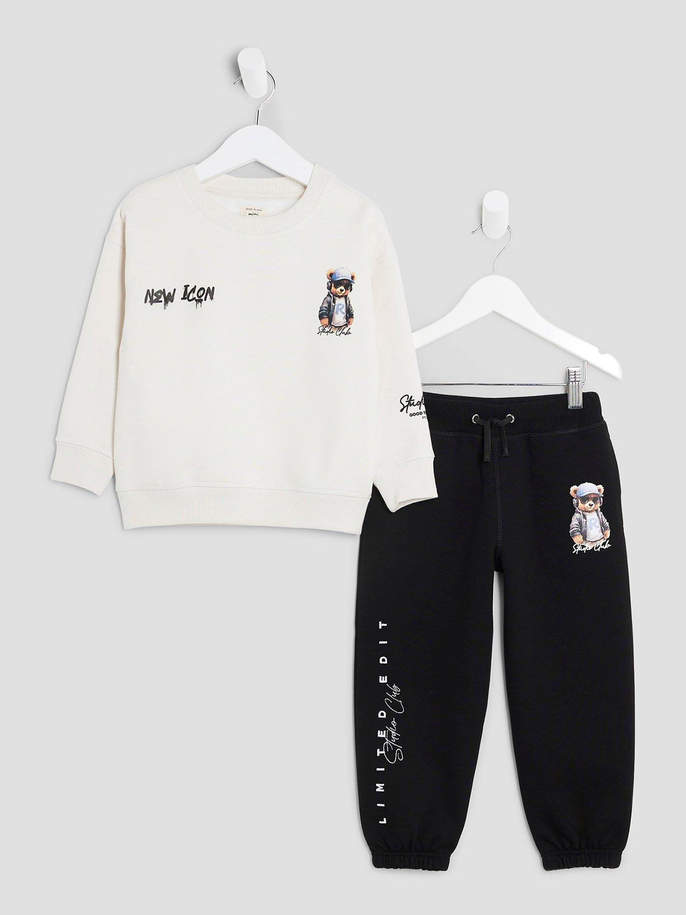 Image 3 of 5 of River Island Mini Boys Graffiti Bear Sweatshirt Set - Cream