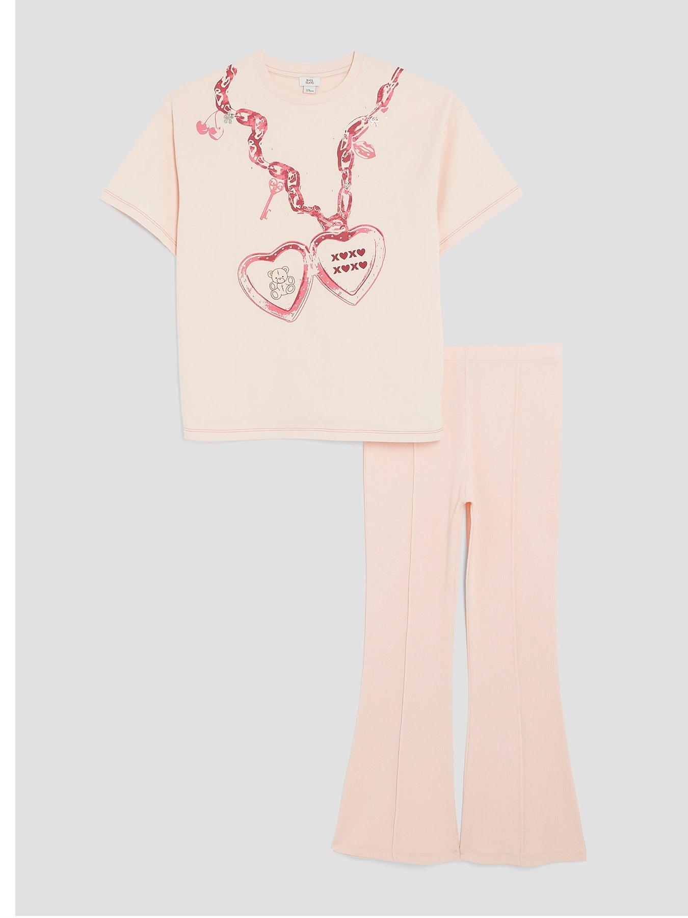 undefined Older Girls Heart T-shirt & Flared Trousers Set - Pink