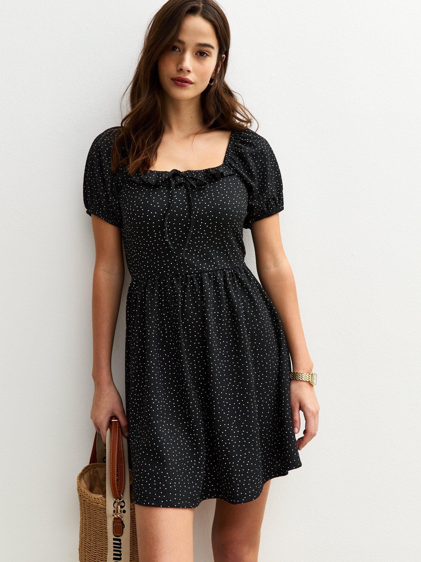 undefined Polly Polka Dot Textured Jersey Milkmaid Mini Dress - Black