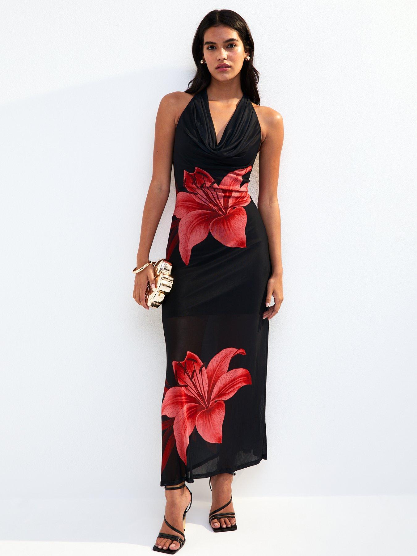 Image 1 of 4 of New Look Black Mesh Floral Print Cowl Halterneck Maxi Dress