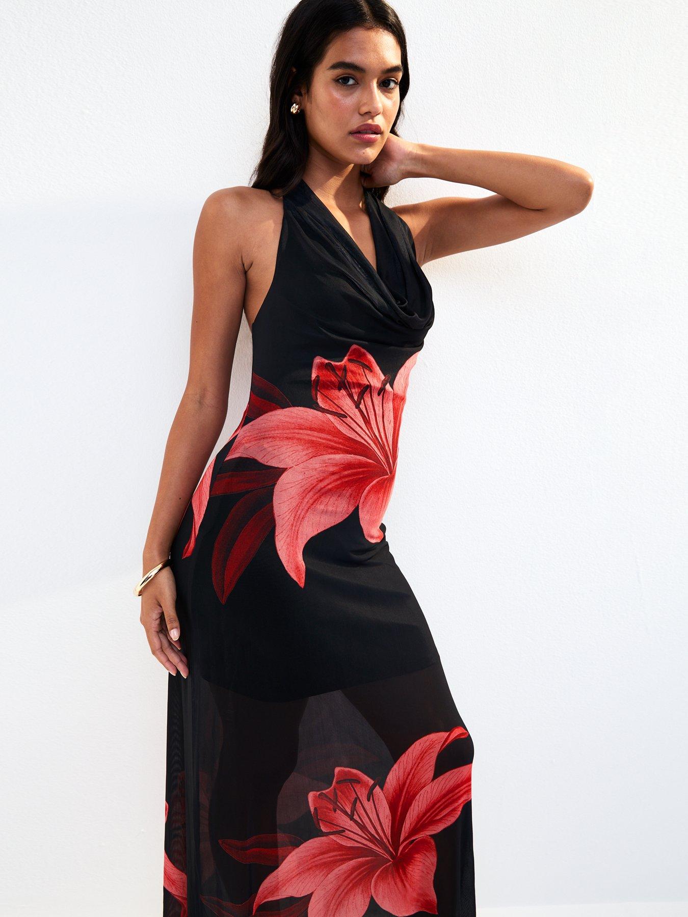 Image 3 of 4 of New Look Black Mesh Floral Print Cowl Halterneck Maxi Dress