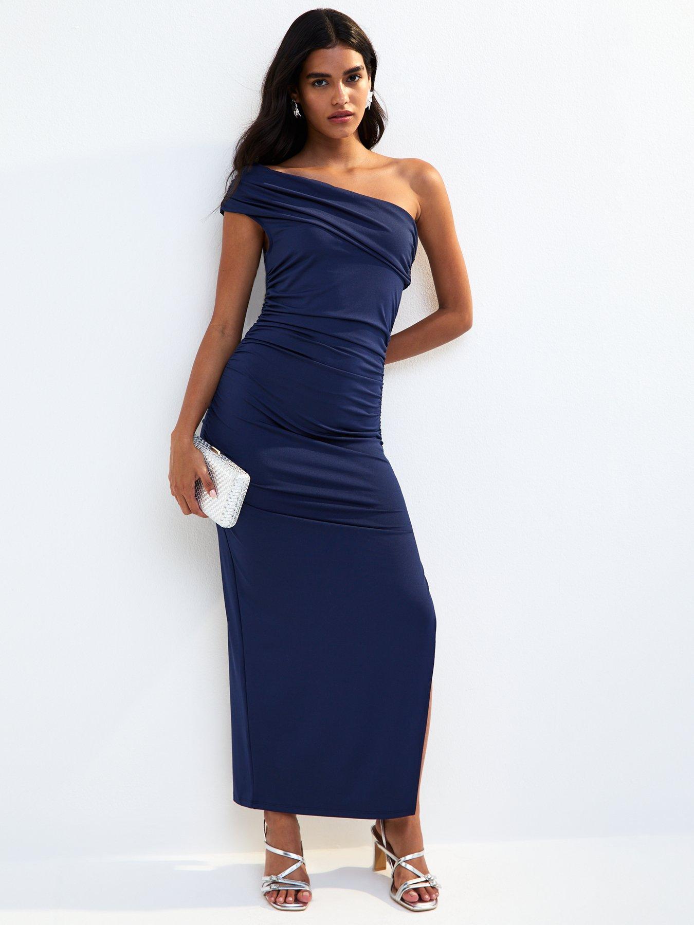 undefined Go Basic One Sleeve Ruch Midi Dress - Navy