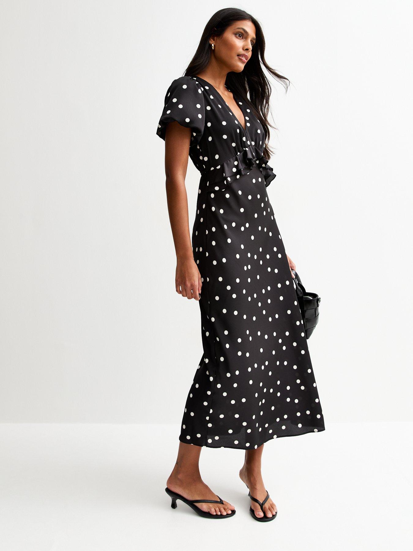 new-look-satin-spot-print-ruffle-trim-midi-dress-black