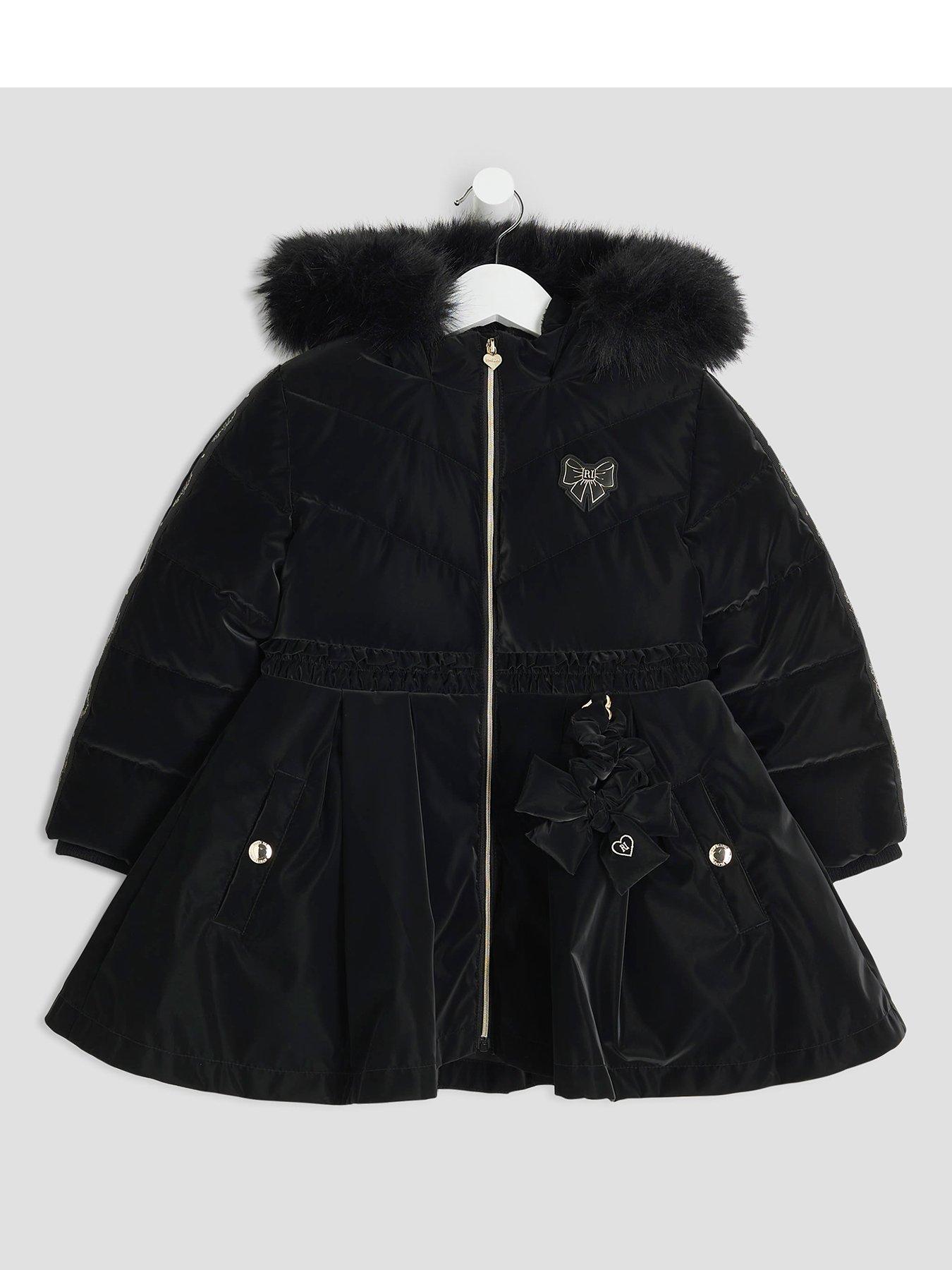 undefined Mini Girls Hooded Peplum Padded Coat - Black
