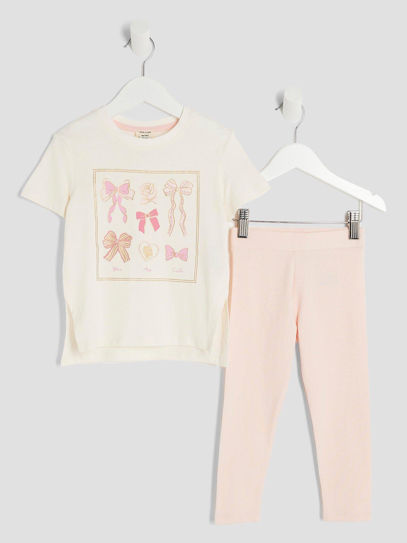 Image 1 of 5 of River Island Mini Girls Rose Bow T-Shirt Set - Cream