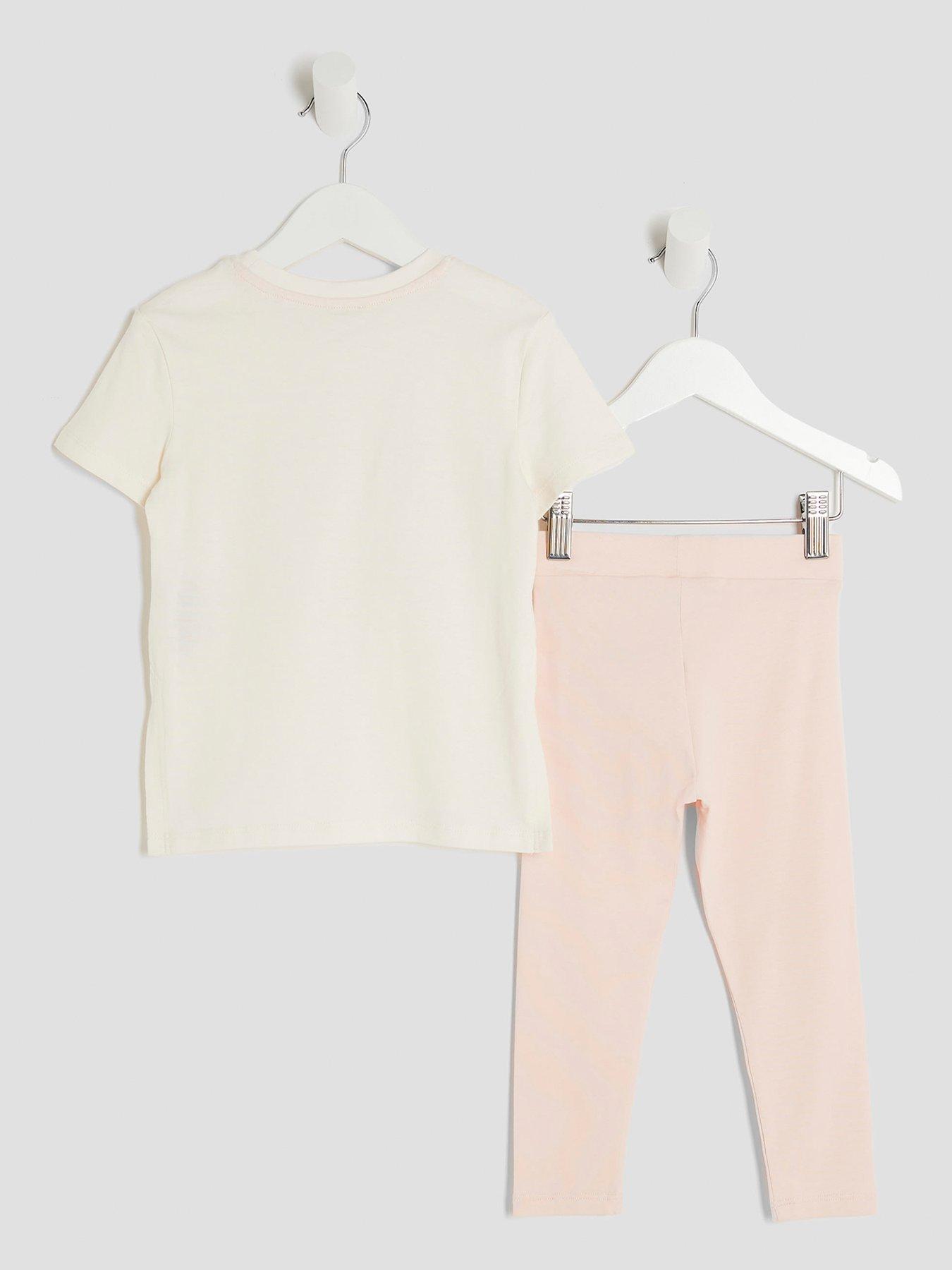 Image 2 of 5 of River Island Mini Girls Rose Bow T-Shirt Set - Cream