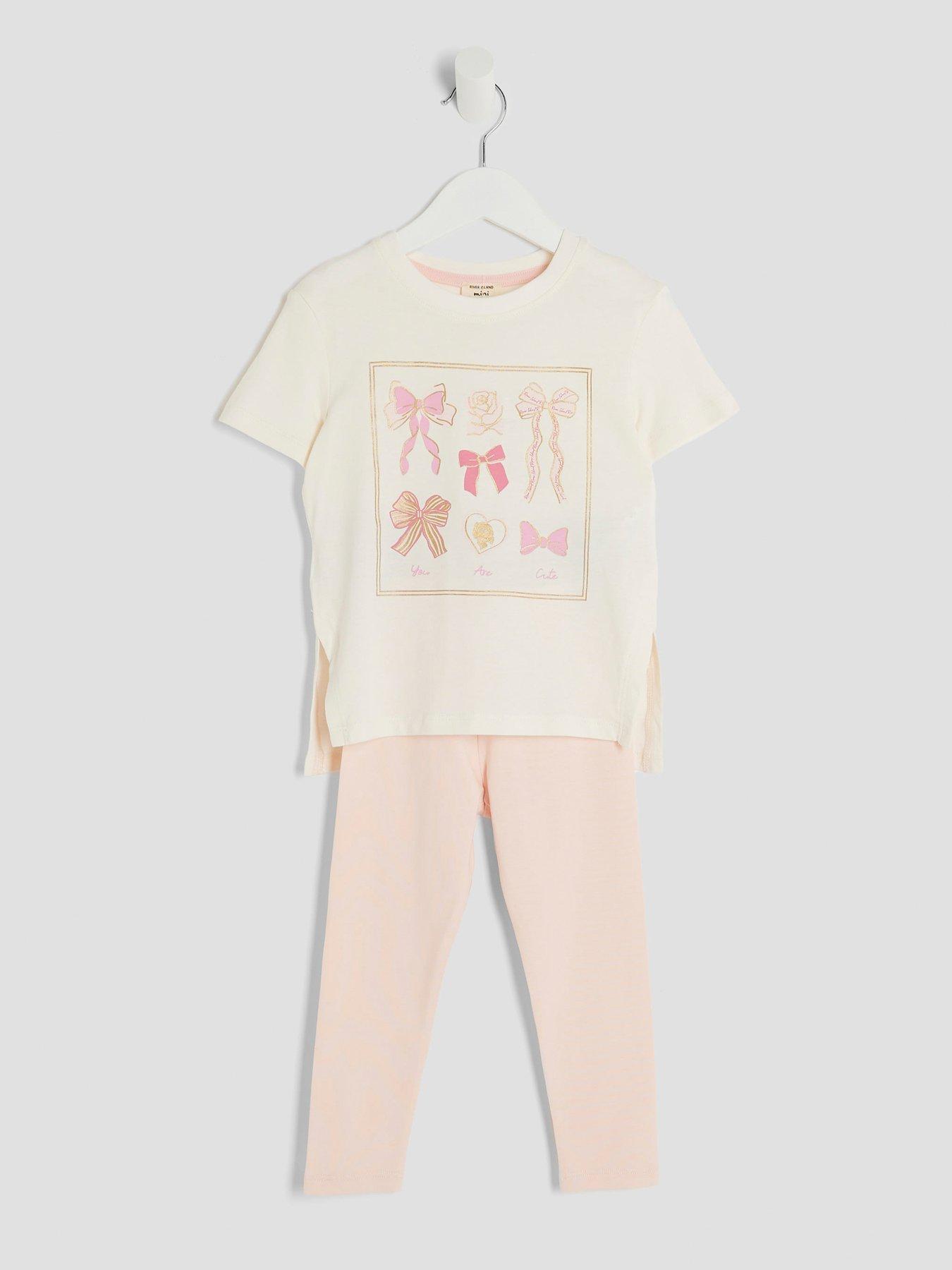 Image 3 of 5 of River Island Mini Girls Rose Bow T-Shirt Set - Cream