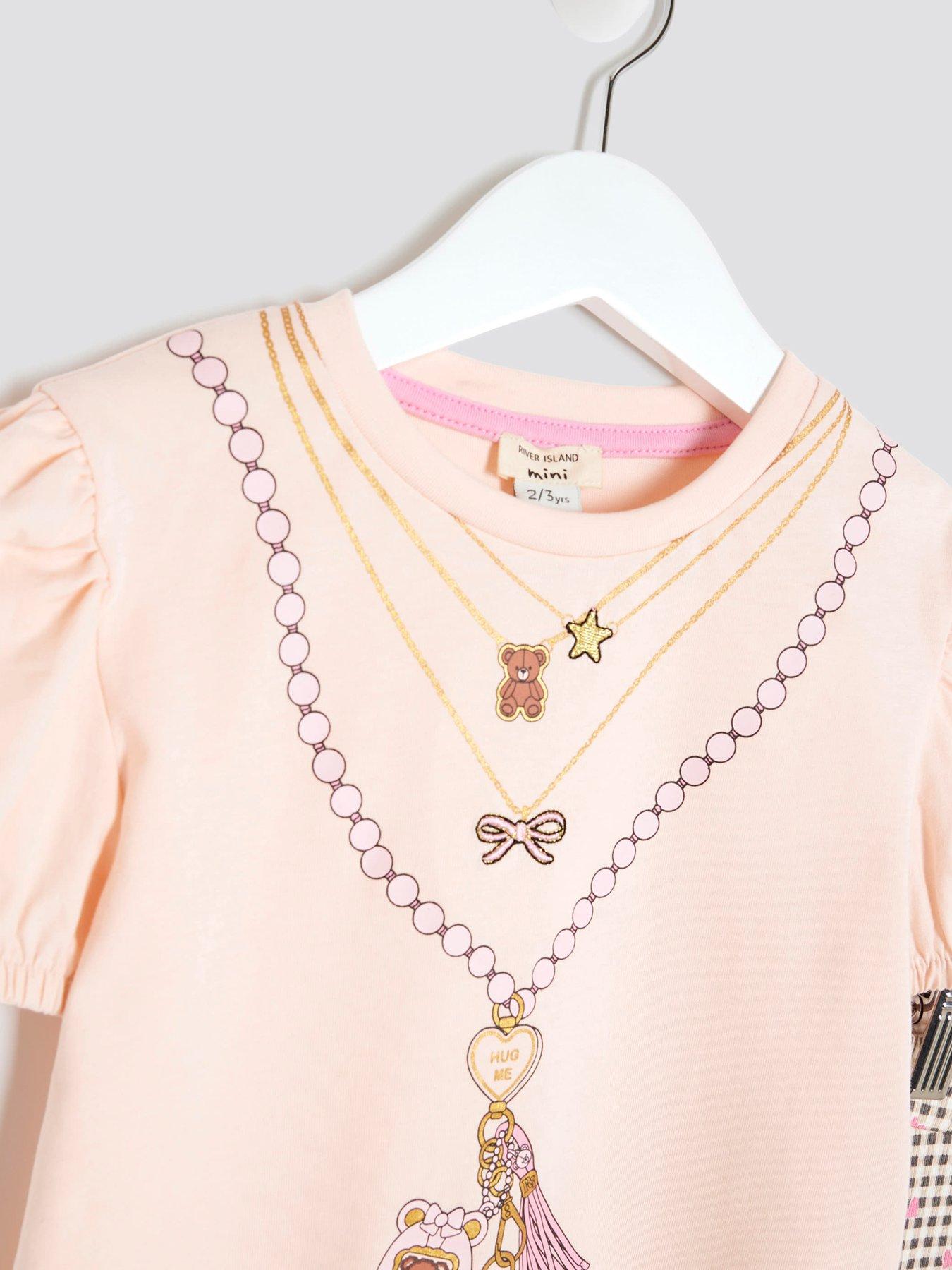 Image 4 of 4 of River Island Mini Girls Necklace T-Shirt Set - Pink