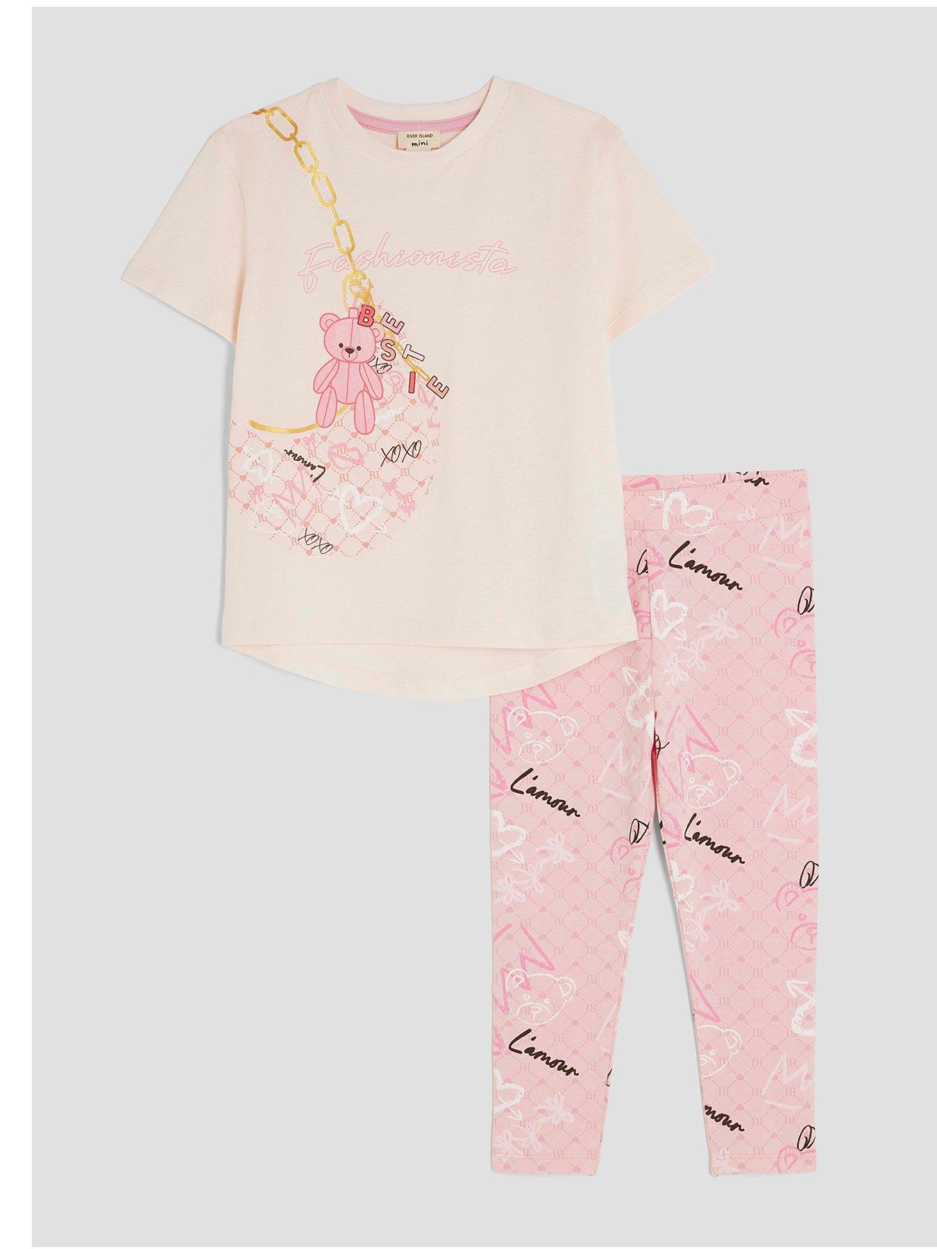 undefined Girls Bear Ri Monogram T-Shirt Set - Pink