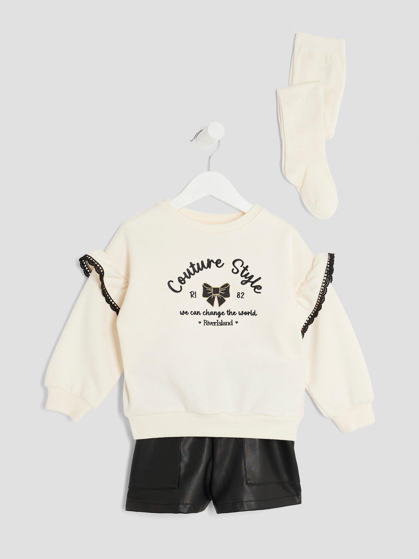 Image 3 of 5 of River Island Mini Girls Couture Style Sweatshirt 3 Piece Set - Cream