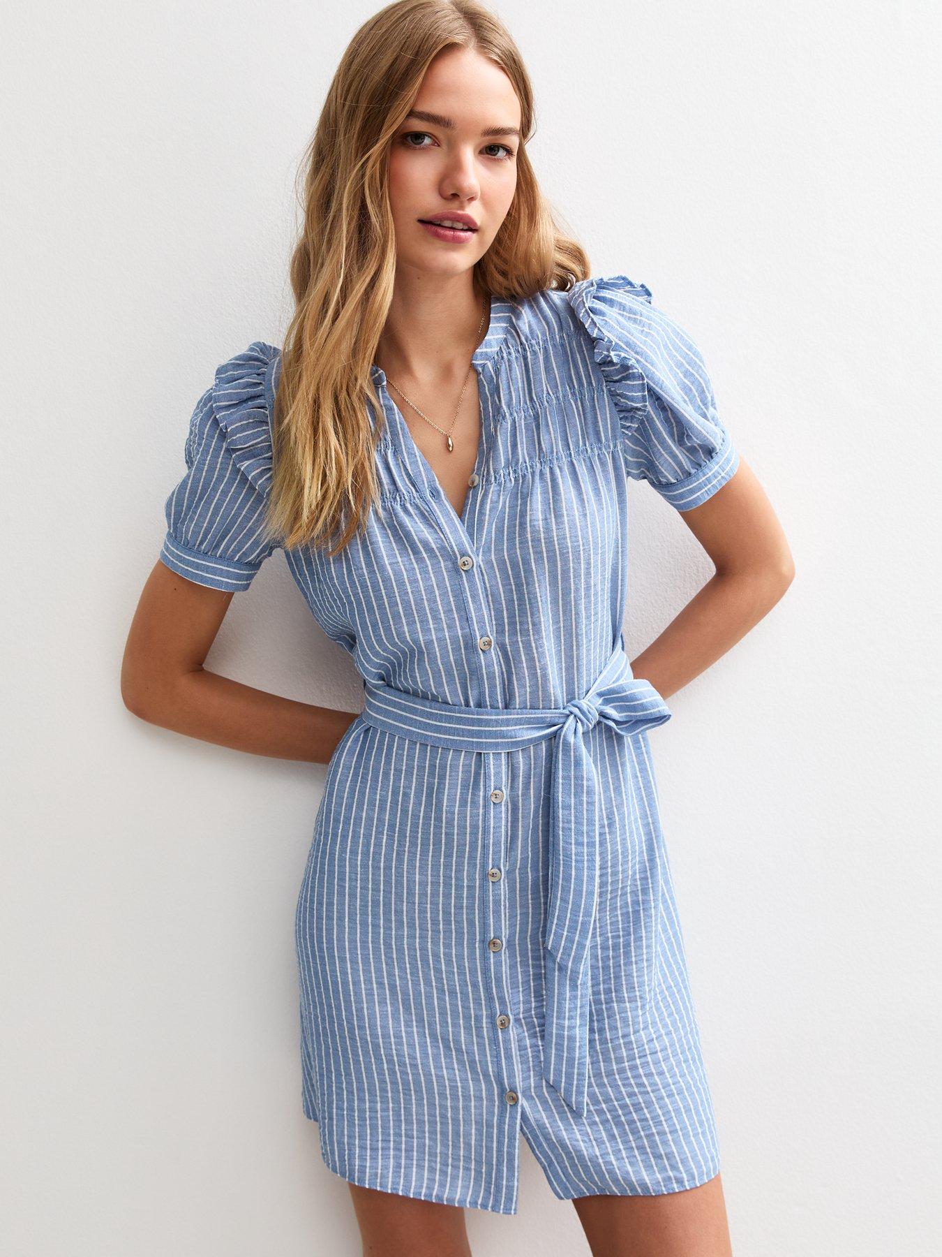New Look Blue Striped Belted Mini Dress