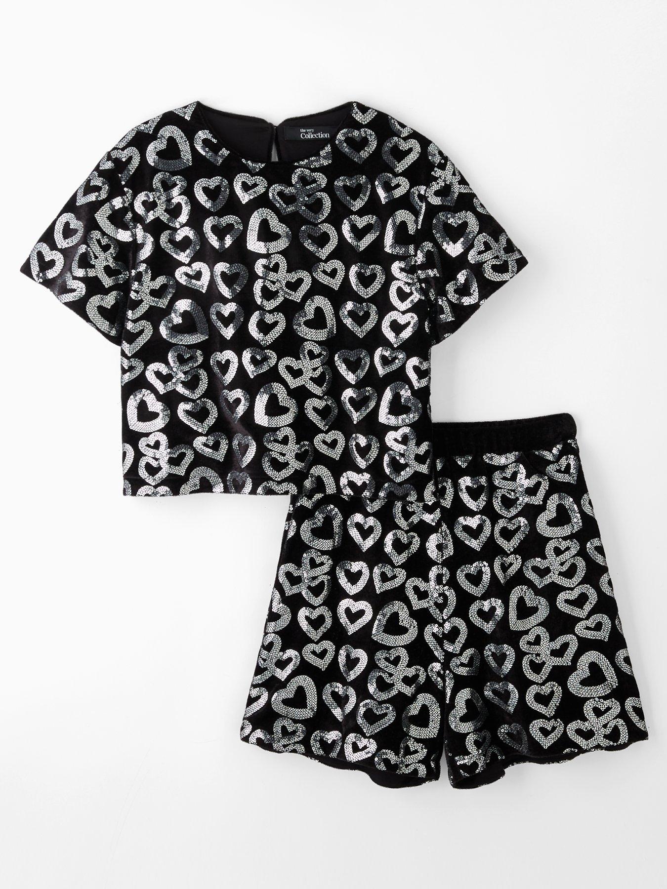 The Very Collection Girls Sequin Shorts And Short Sleeve T-Shirt - Black