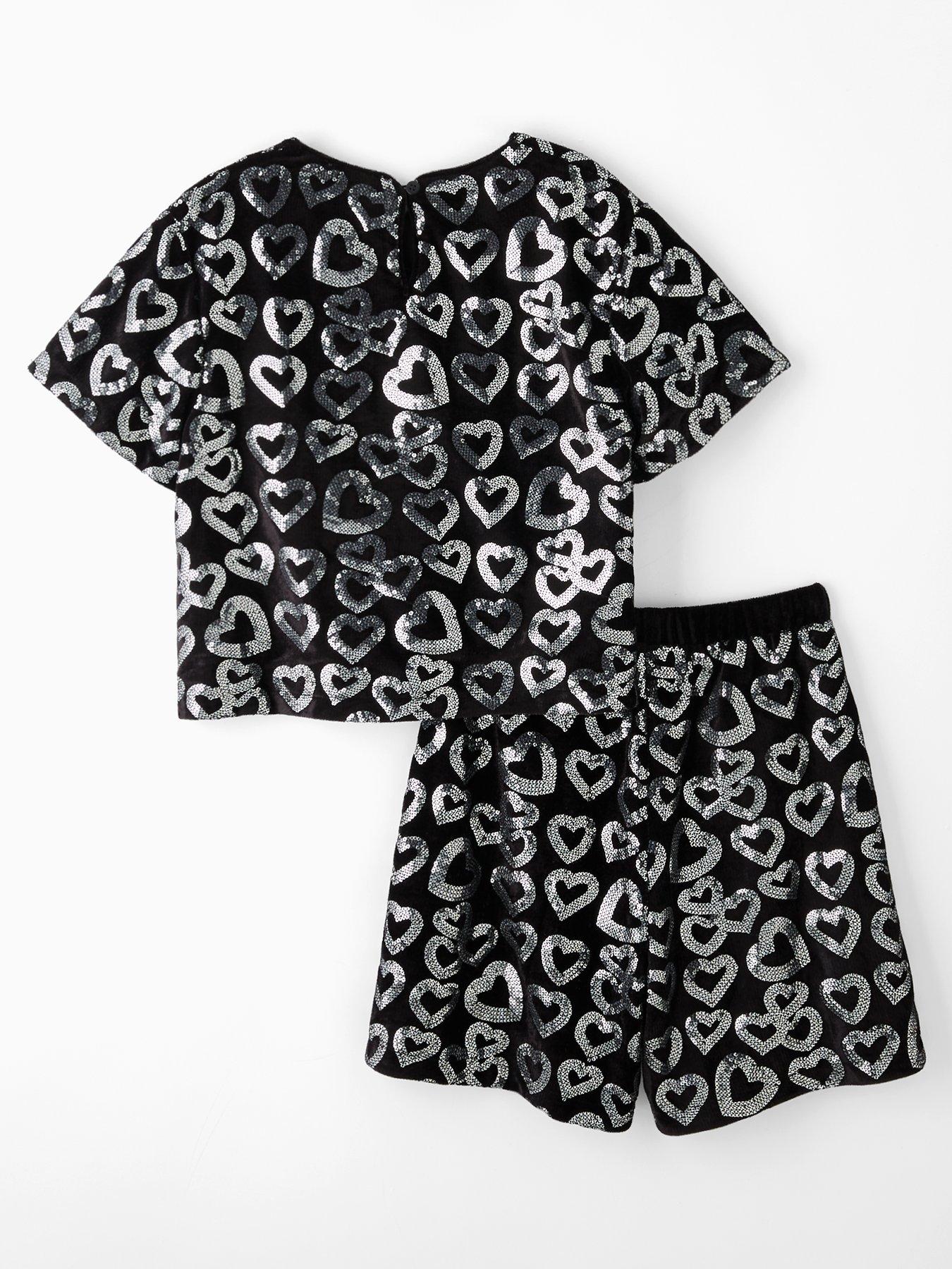 image of the-very-collection-girls-sequin-shorts-and-short-sleeve-t-shirt-black